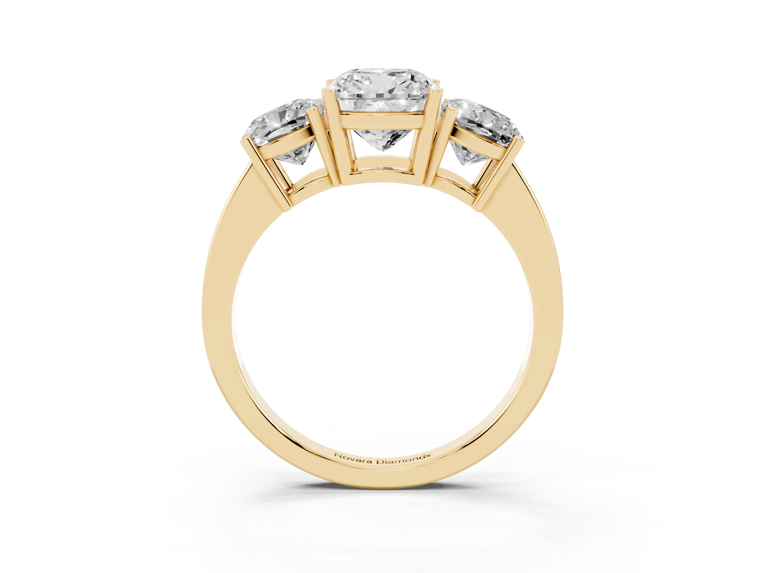 Cushion Cut Diamond Three-Stone Engagement Ring Set in Yellow gold with Flat Band