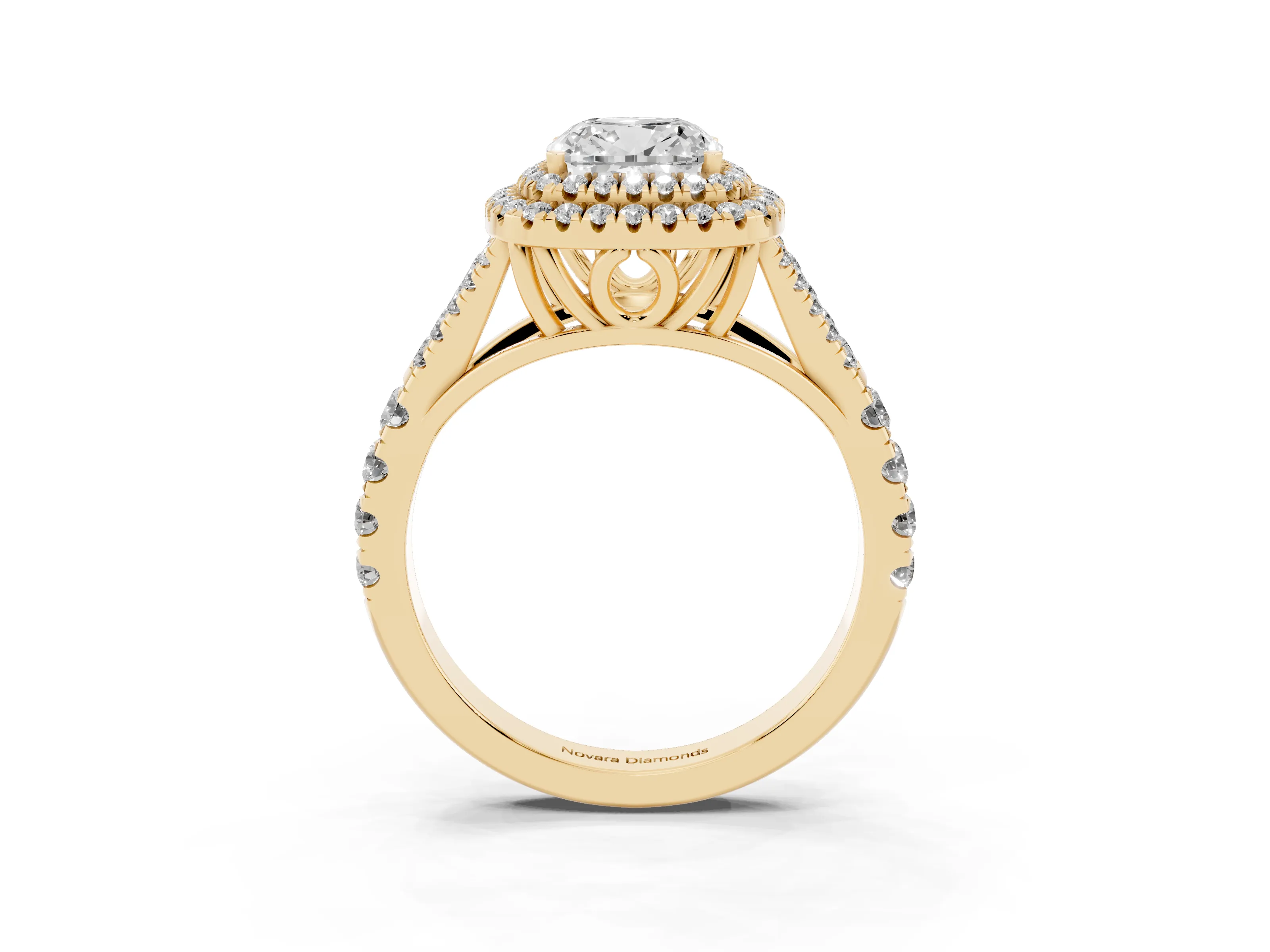 Cushion Cut Diamond Pavé Split Shank Double Halo Engagement Ring Set in Yellow gold