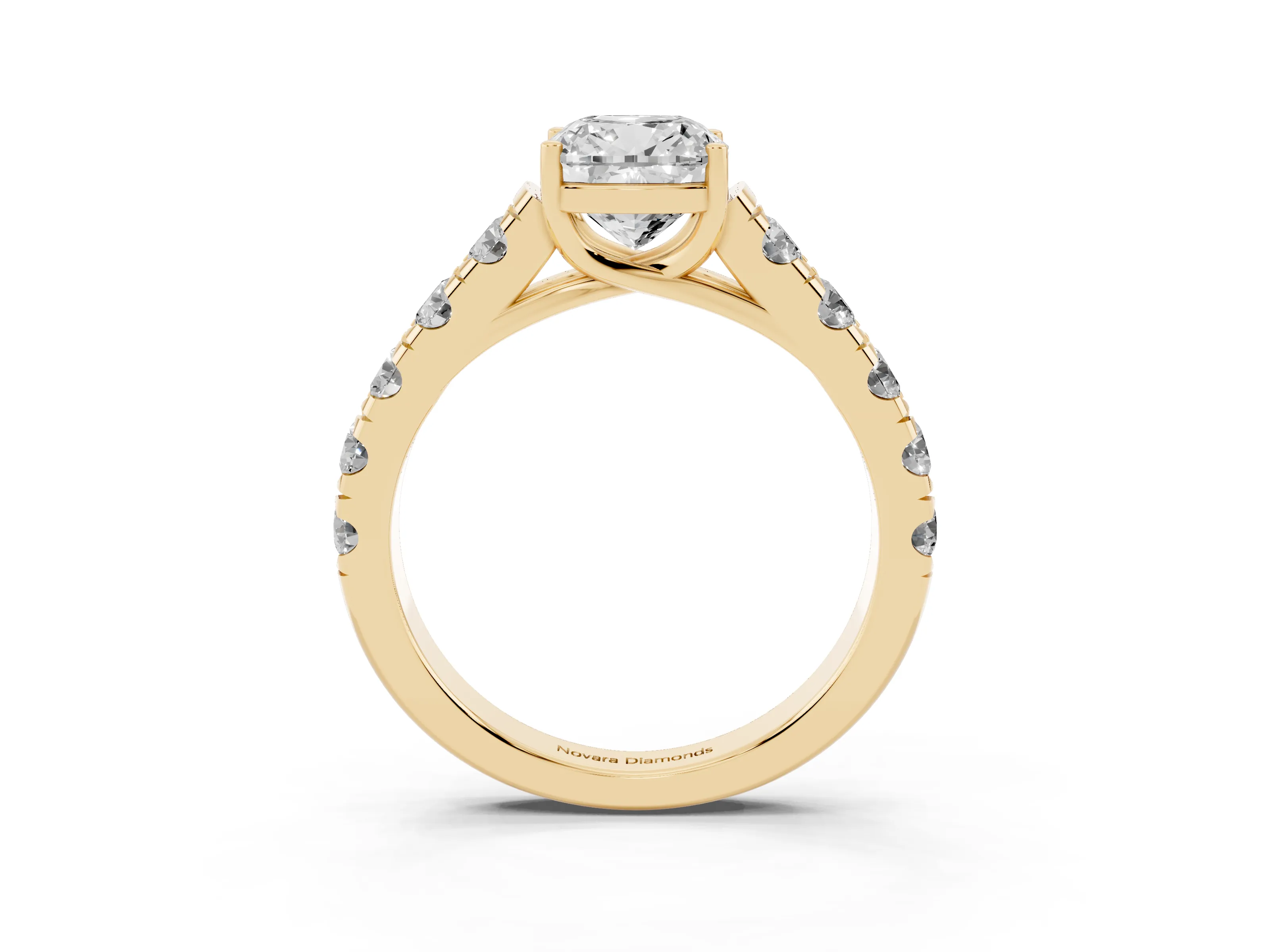 Cushion Cut Diamond Solitaire Ring Set in Yellow gold with Cut-Down Micro Pavé Band and Prong Setting