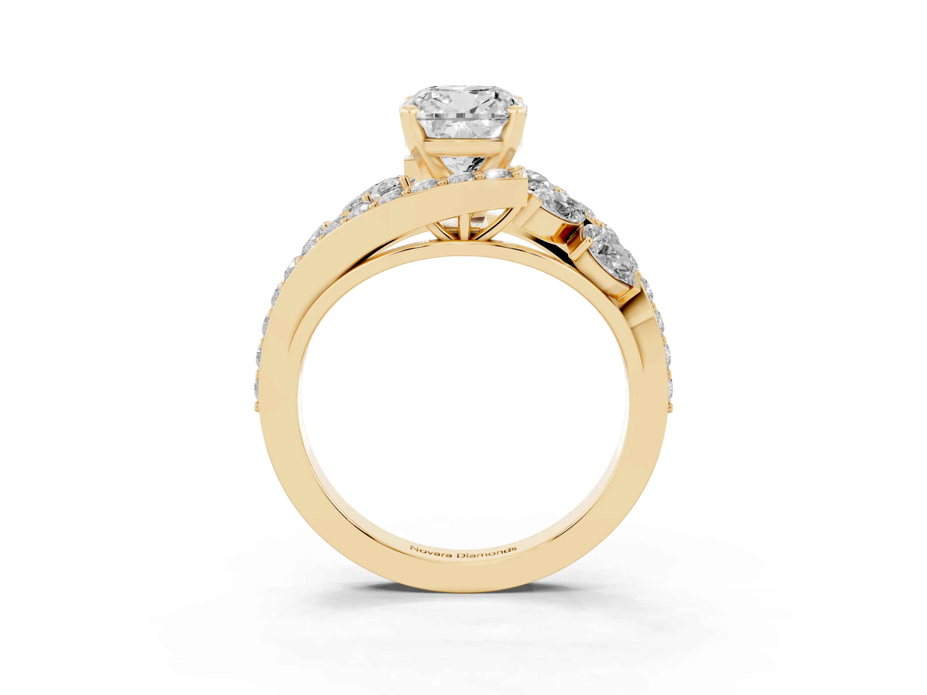 Cushion Cut Diamond Halo Ring Set in Yellow gold with Marquise and Pavé Band in Prong Setting