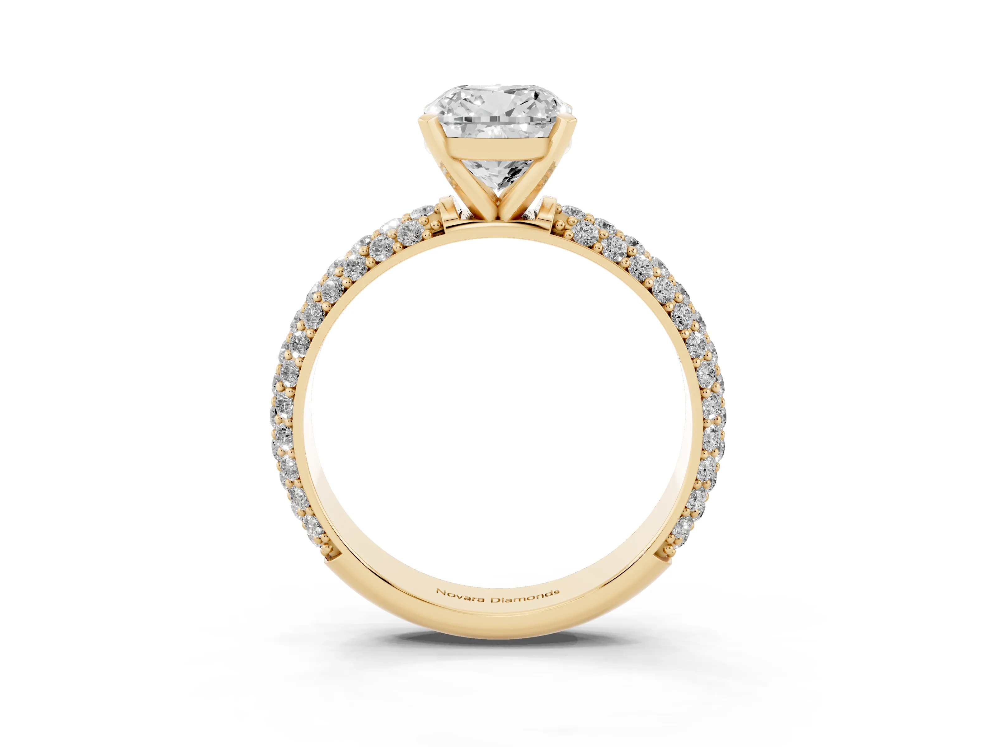 Cushion Cut Diamond Solitaire Ring Set in Yellow gold with Prong Setting and Pavé-Set Band