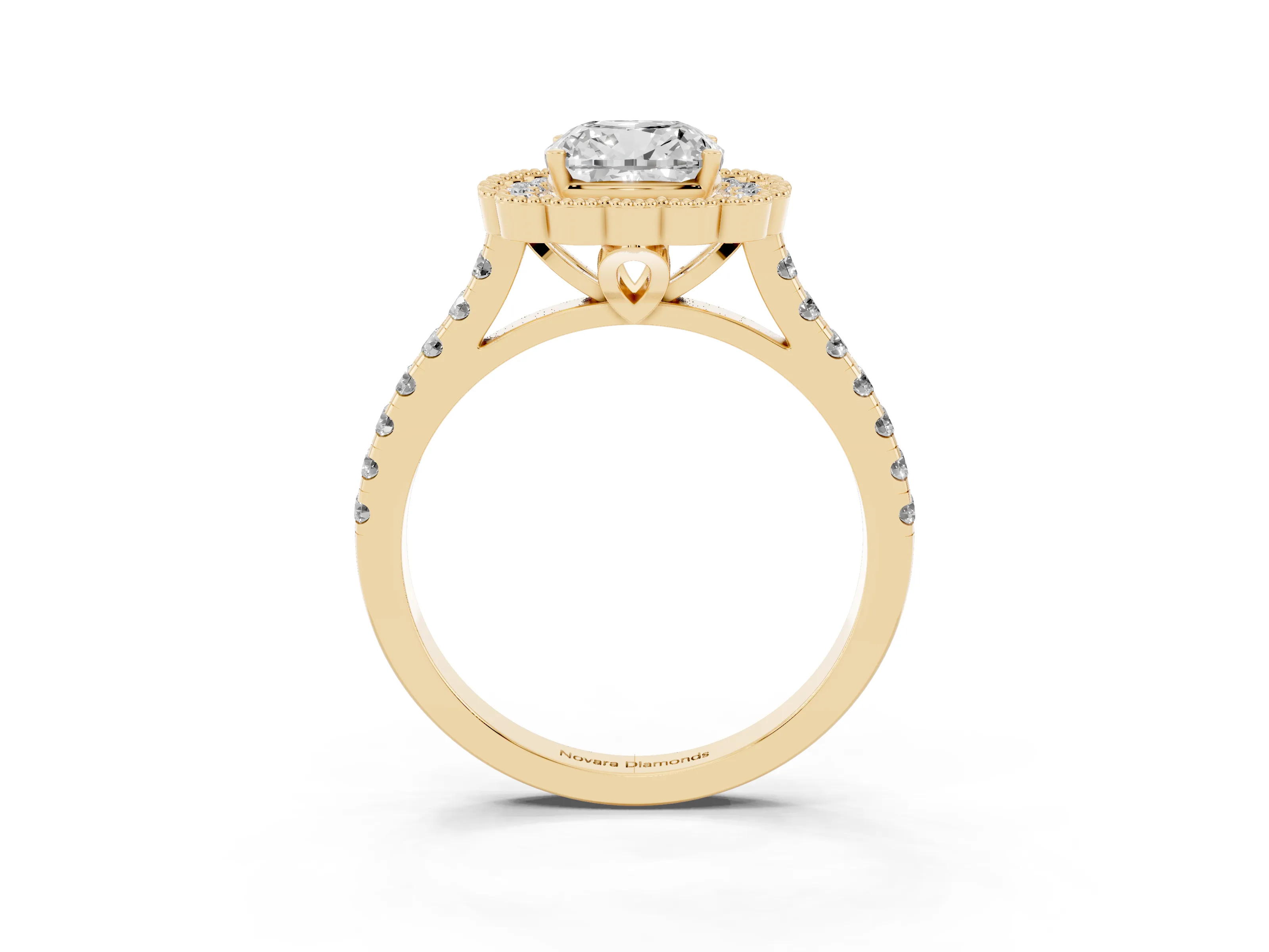 Cushion Cut Diamond Milgrain Floral Halo Engagement Ring Set in Yellow gold with Pavé Band