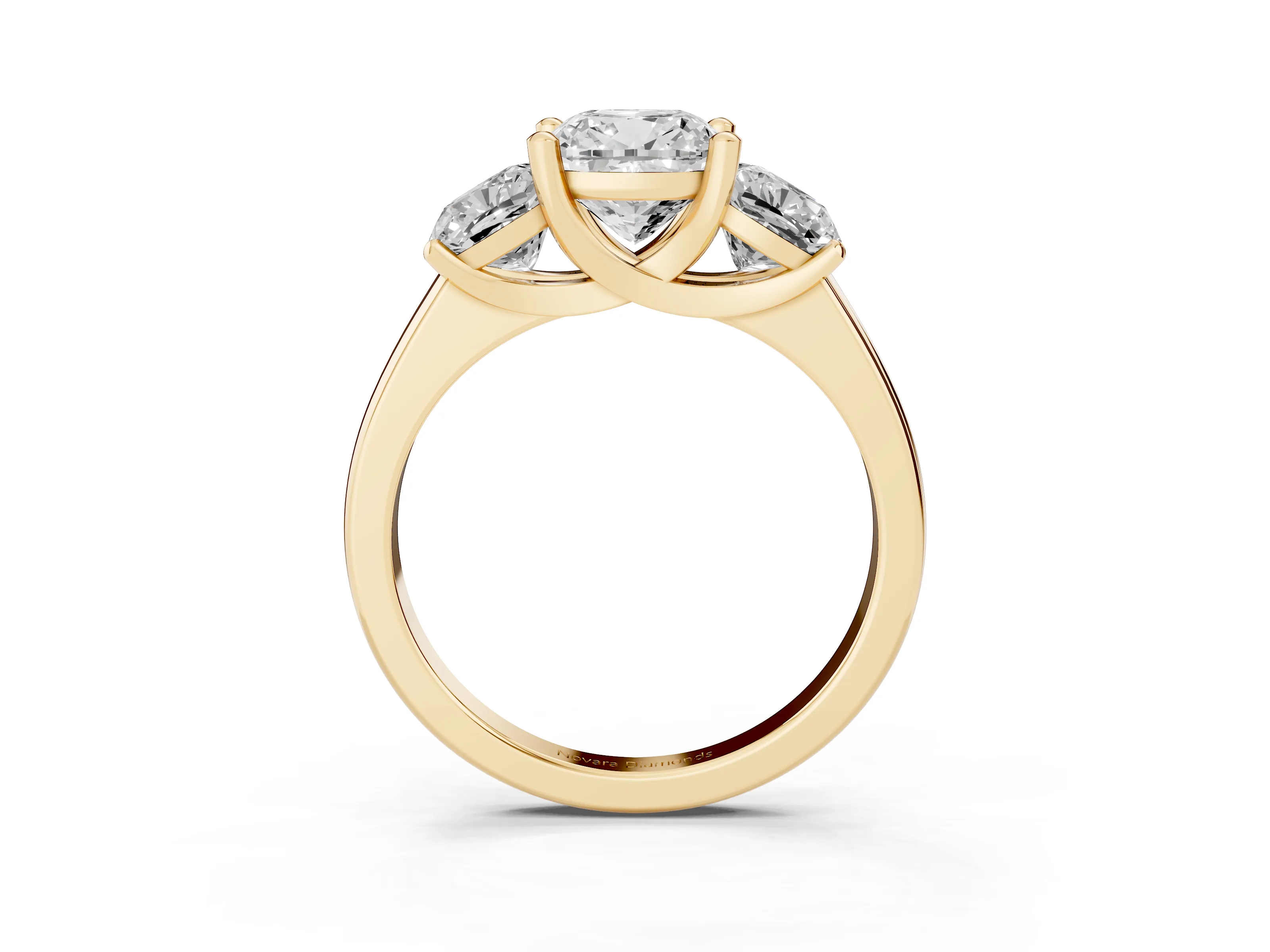 Cushion Cut Diamond Three-Stone Ring Set in Yellow gold with Classic Prong Setting and Plain Band