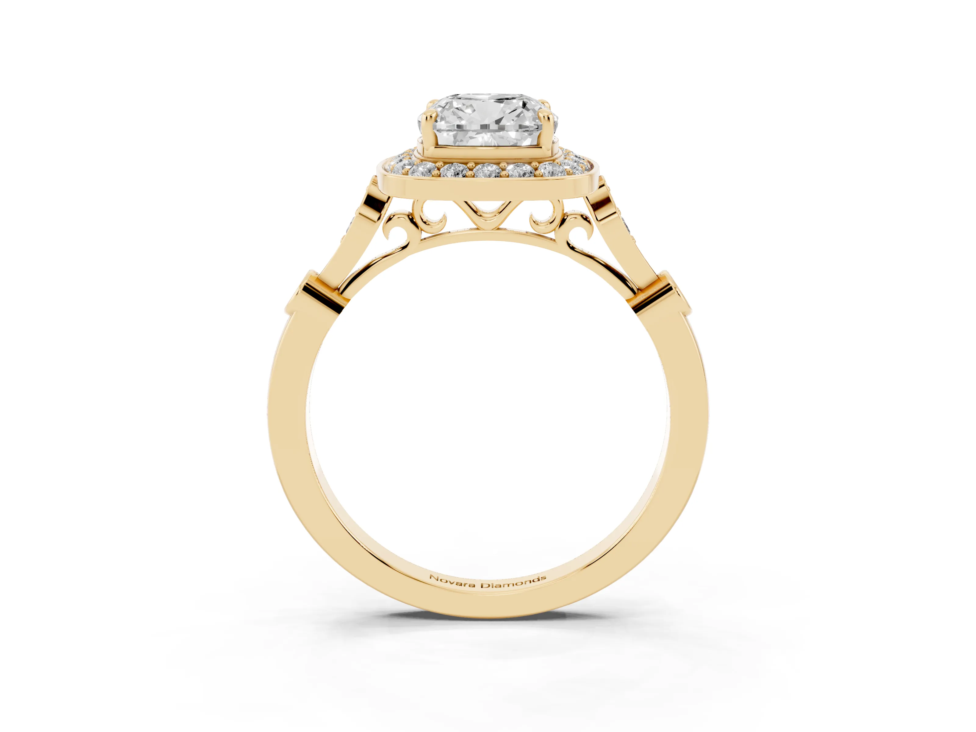 Cushion Cut Diamond Halo Engagement Ring Set in Yellow gold with Twisted Band and Prong Setting