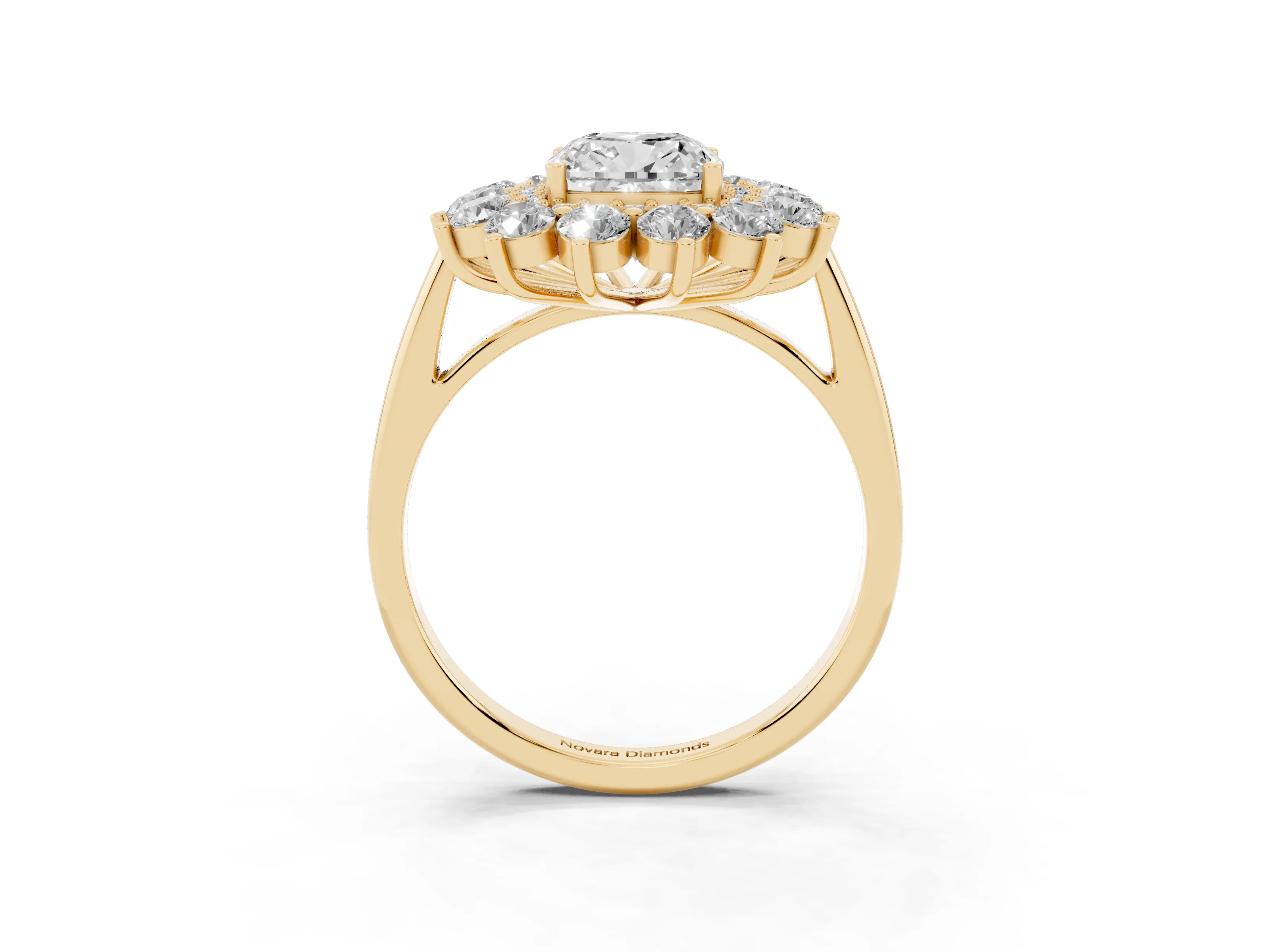 Cushion Cut Diamond Floral Double Halo Ring Set in Yellow gold with Round Petals