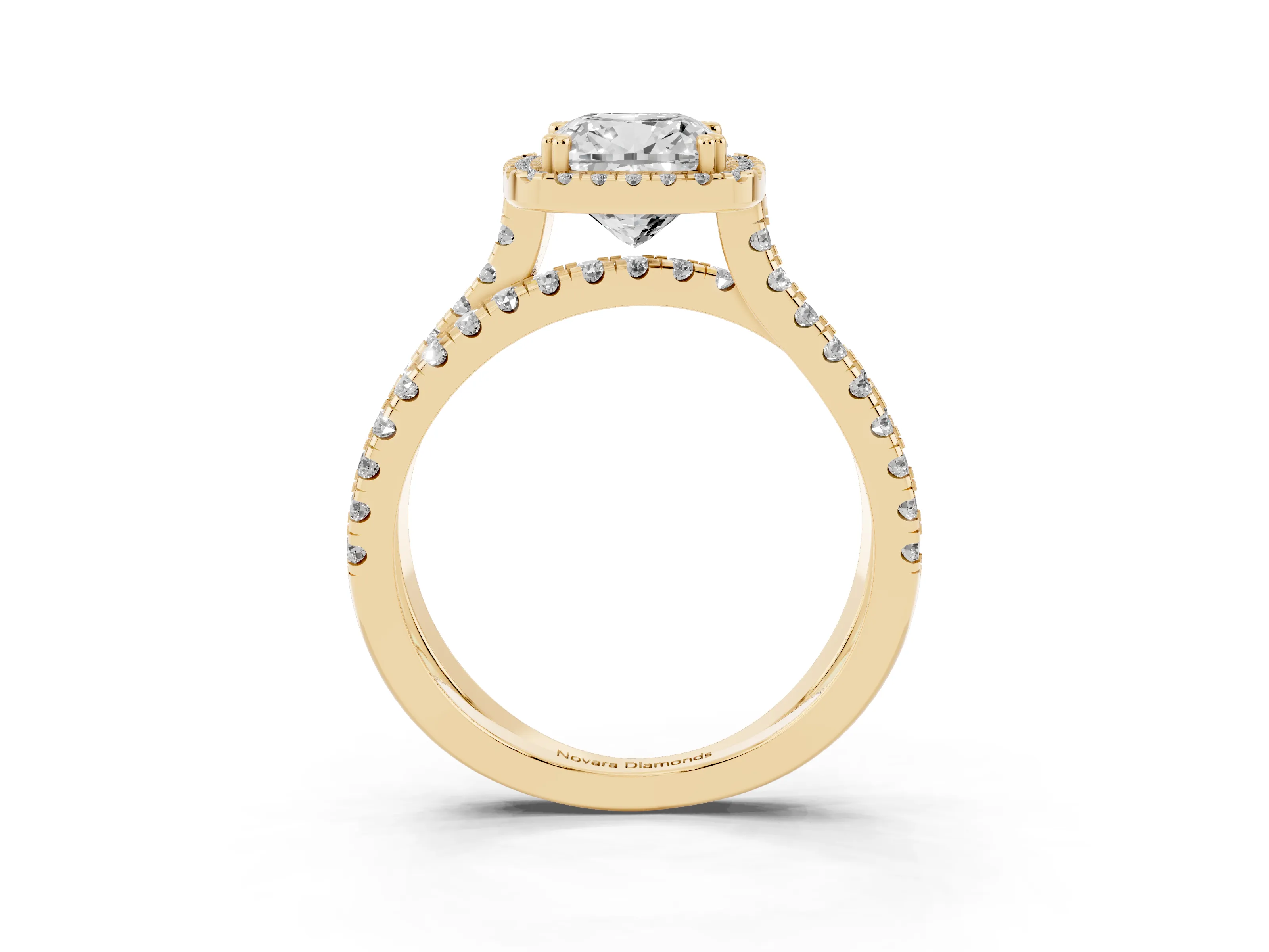Cushion Cut Diamond Halo Split Shank Ring Set in Yellow gold with Pavé Setting