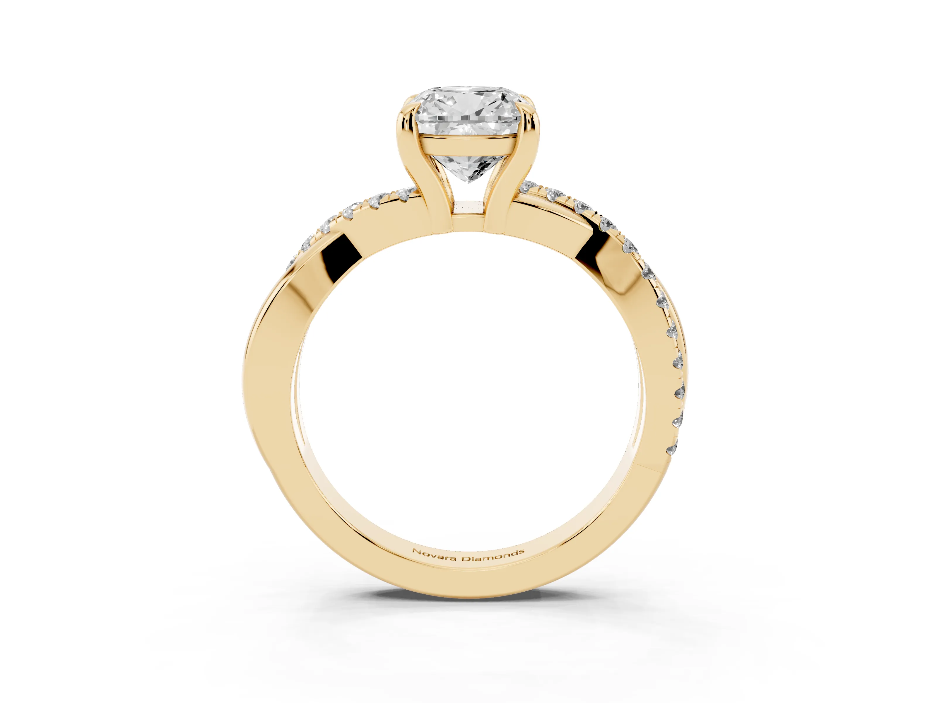 Cushion Cut Diamond Twist Band Pavé Solitaire Ring Set in Yellow gold with Prong Setting