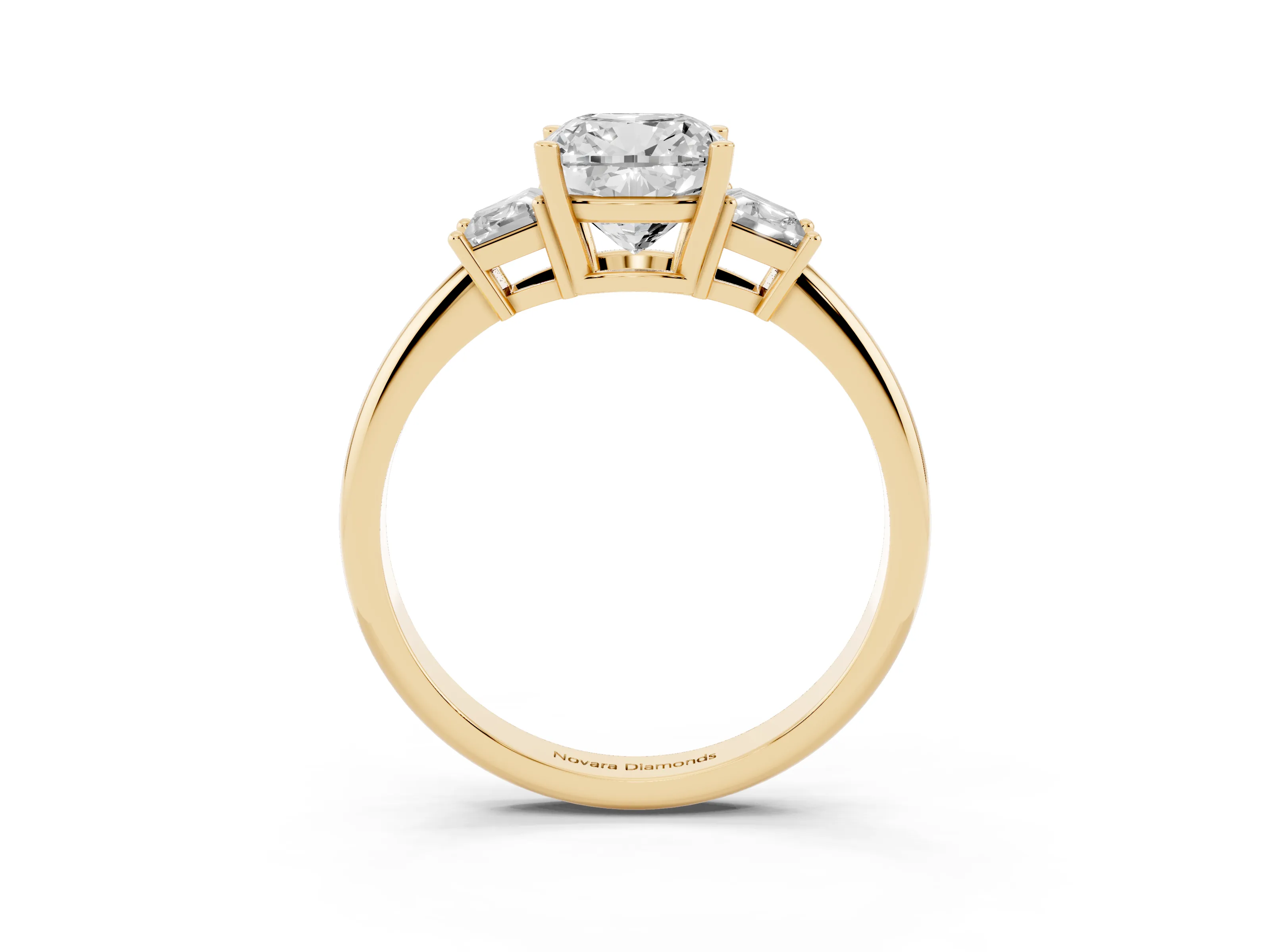 Cushion Cut Diamond Three-Stone Ring Set in Yellow gold with Trapezoid Side Stones and Prong Setting