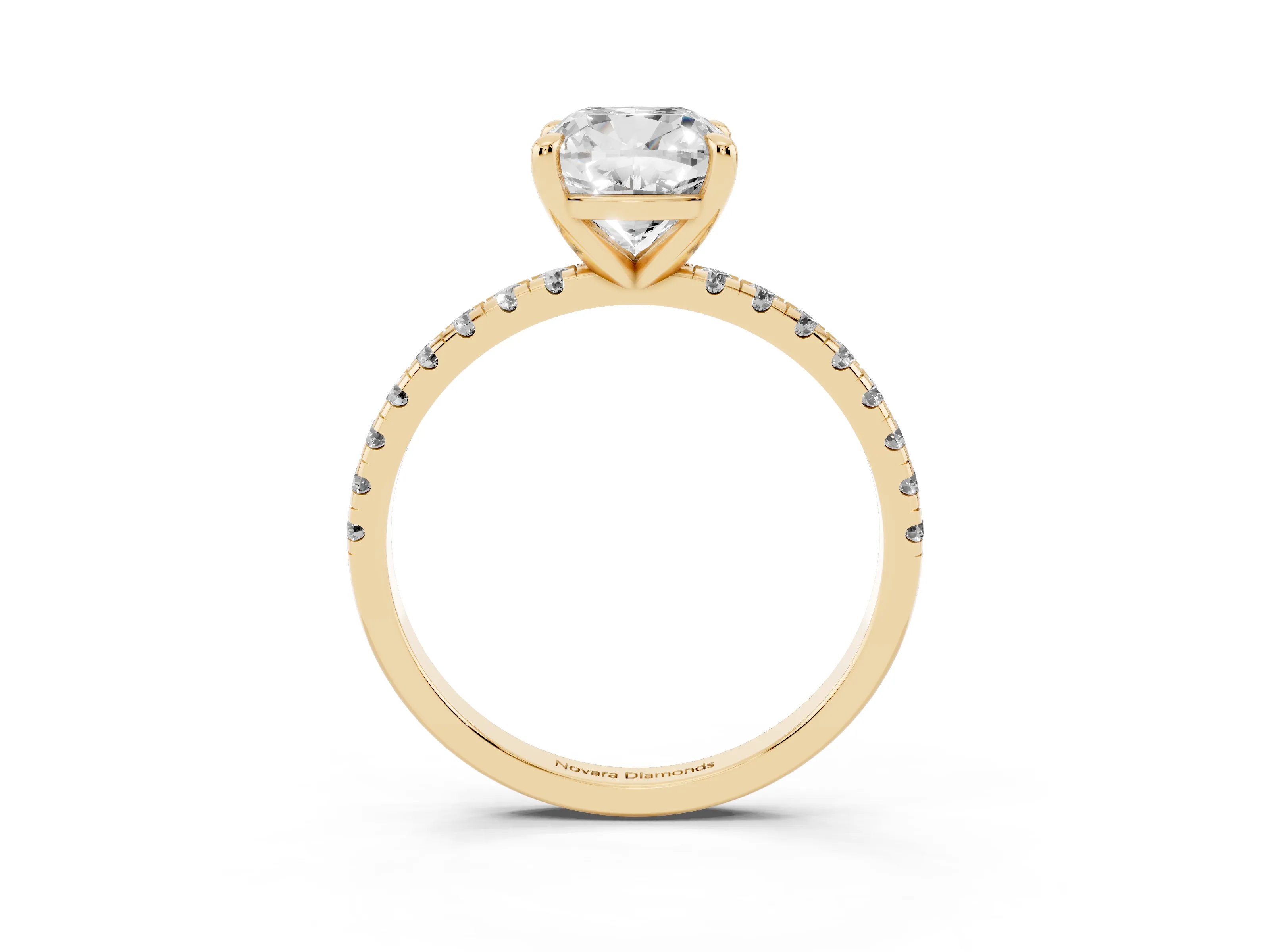 Cushion Cut Diamond Brilliant Solitaire Ring Set in Yellow gold with Pavé Band and Prong Setting