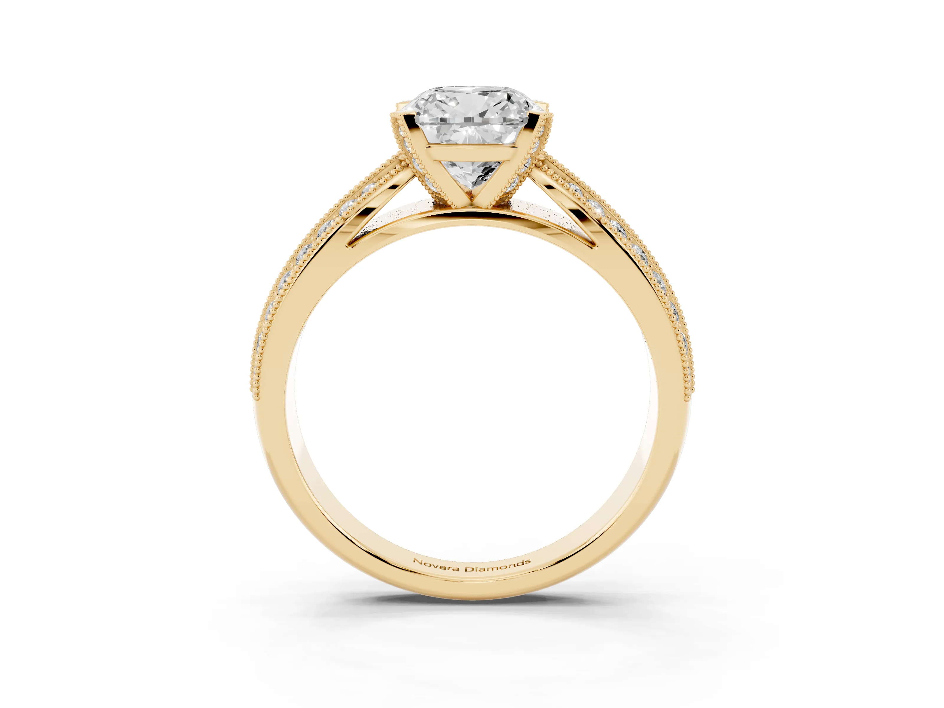 Cushion Cut Diamond Solitaire Ring Set in Yellow gold with Milgrain Double Row Round Pavé Band