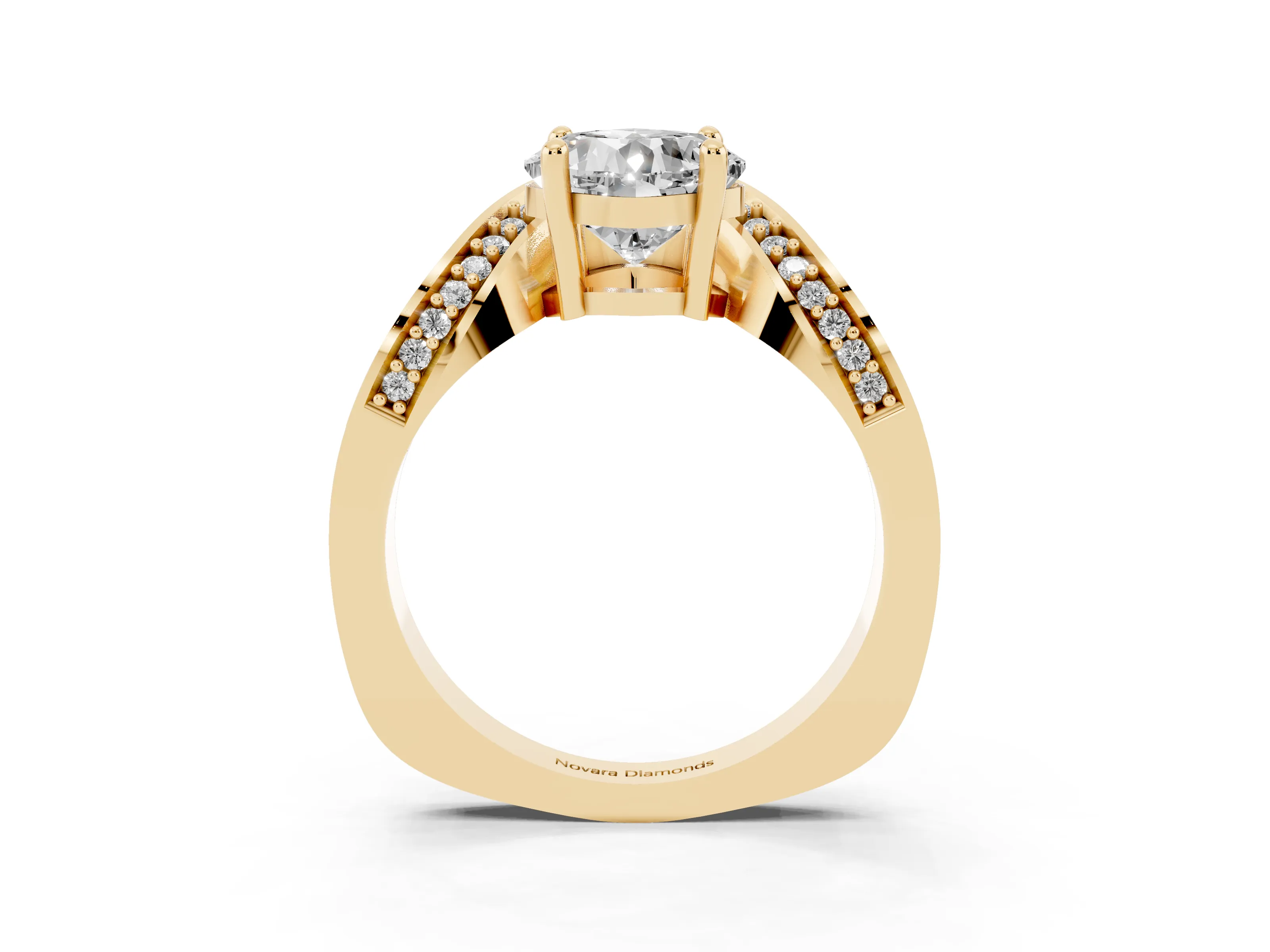 Cushion Cut Bypass Solitaire Engagement Ring Setting | Pavé Ribbon | Yellow Gold