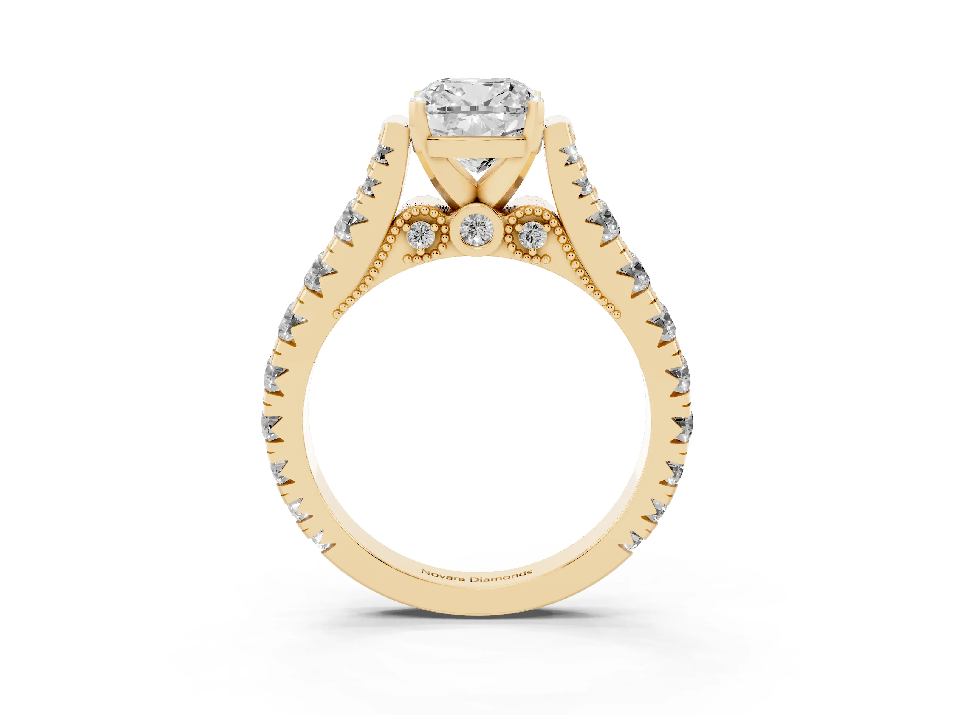 Cushion Cut Diamond Classic Solitaire Ring Set in Yellow gold with Pavé Band and Prong Setting