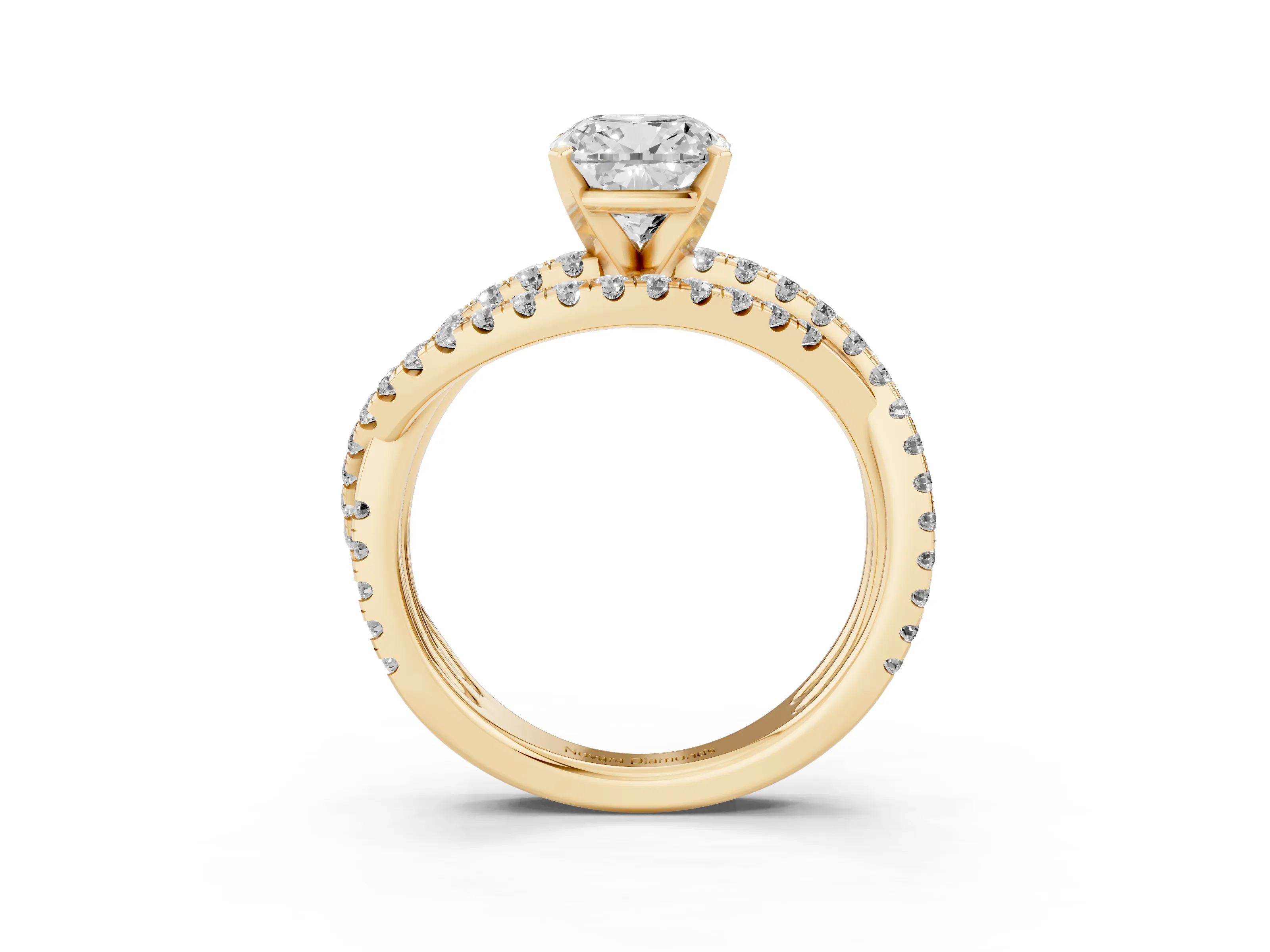 Cushion Cut Diamond Solitaire Twist Band Ring Set in Yellow gold with Pavé Setting and Prong Head