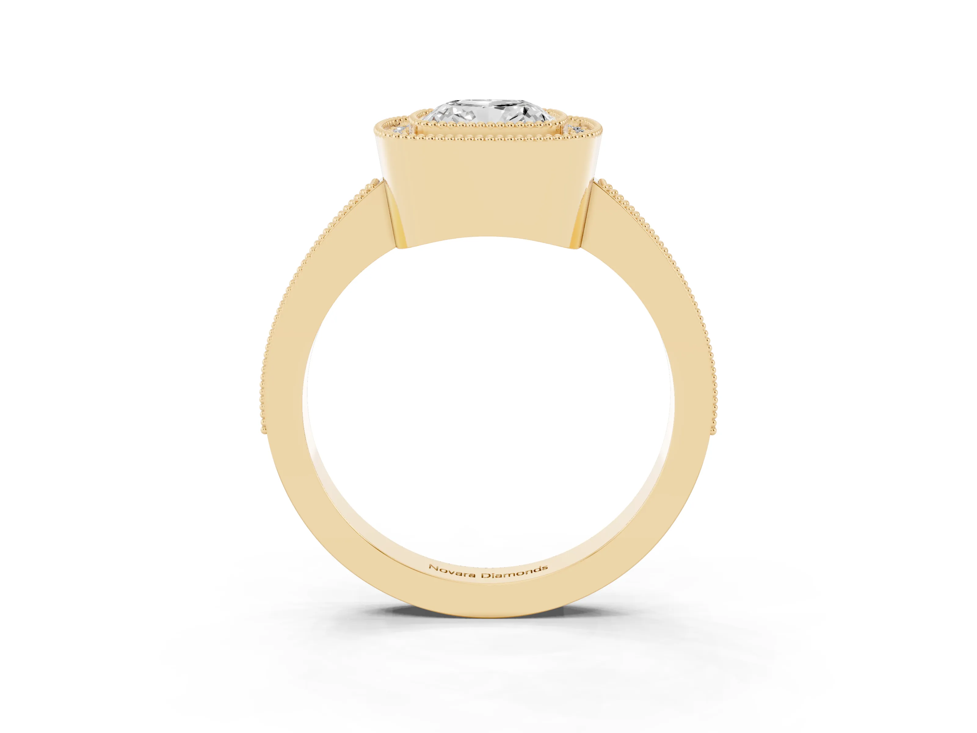 Cushion Cut Diamond Halo Engagement Ring Set in Yellow gold with Pavé Band and Round Halo Stones