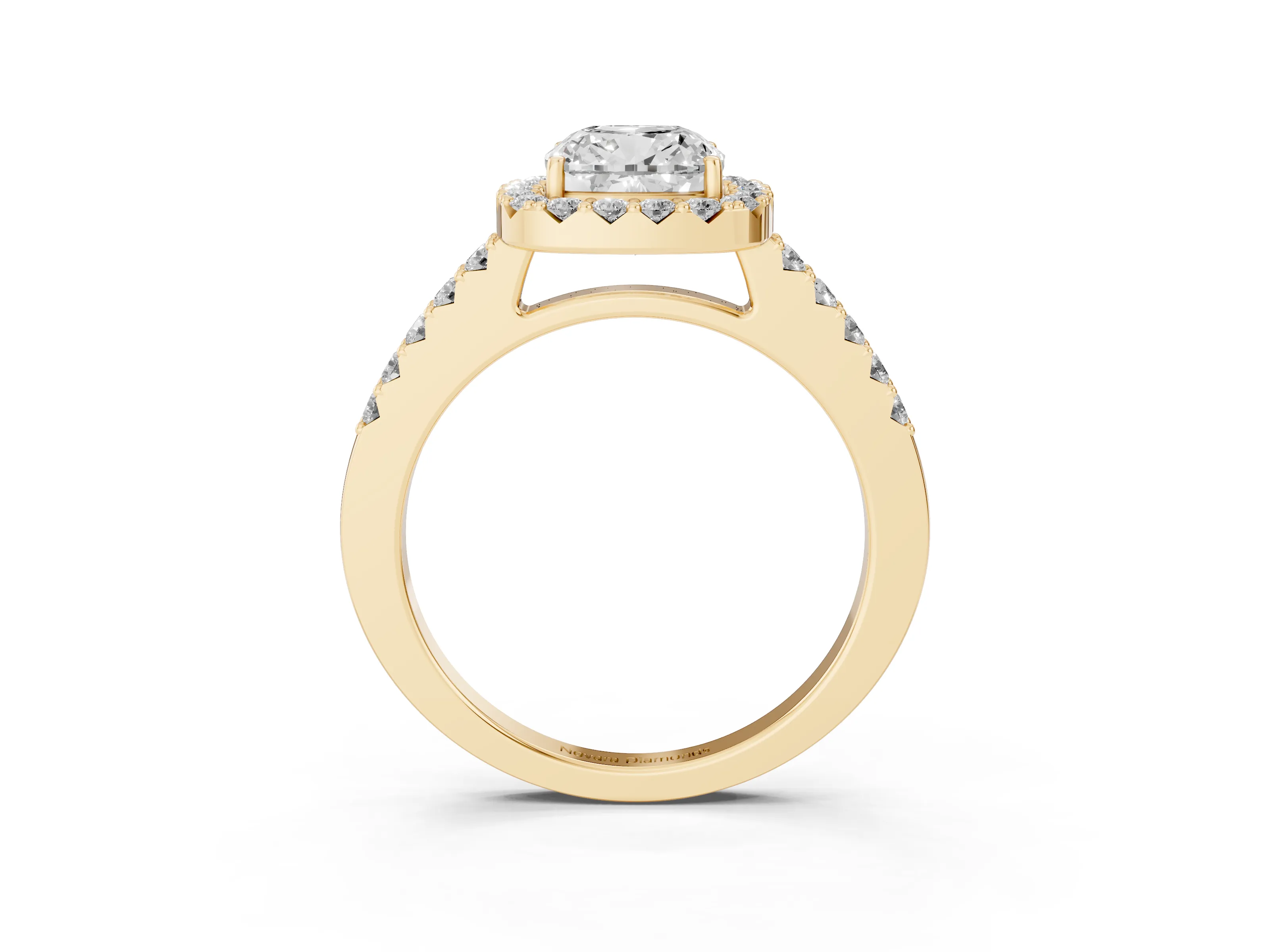 Cushion Cut Diamond Halo Pavé Solitaire Ring Set in Yellow gold with Prong-Set Center Stone