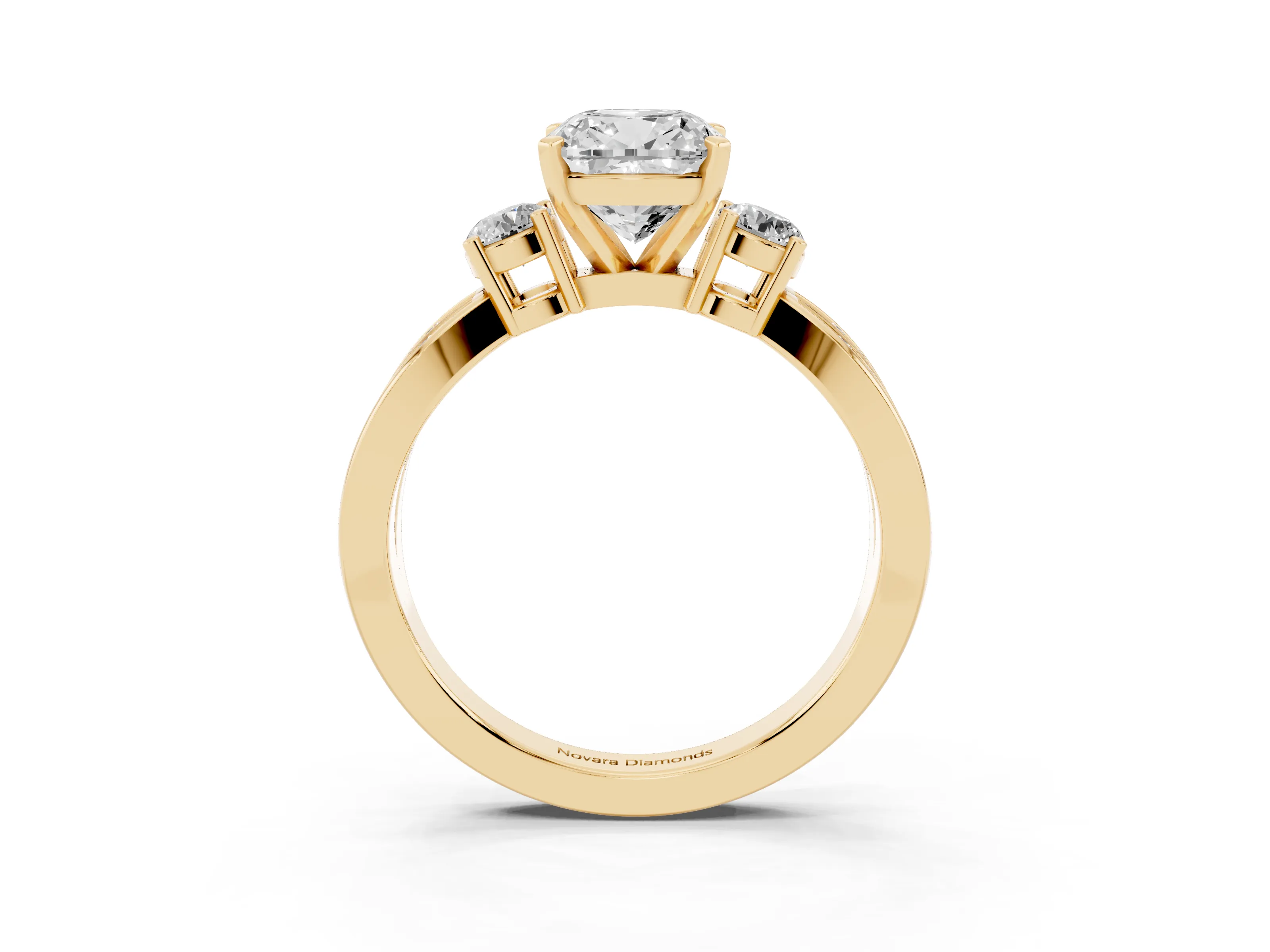 Three-Stone Cushion Cut Diamond Twist Band Ring Set in Yellow gold with Pavé Accents and Prong Setting