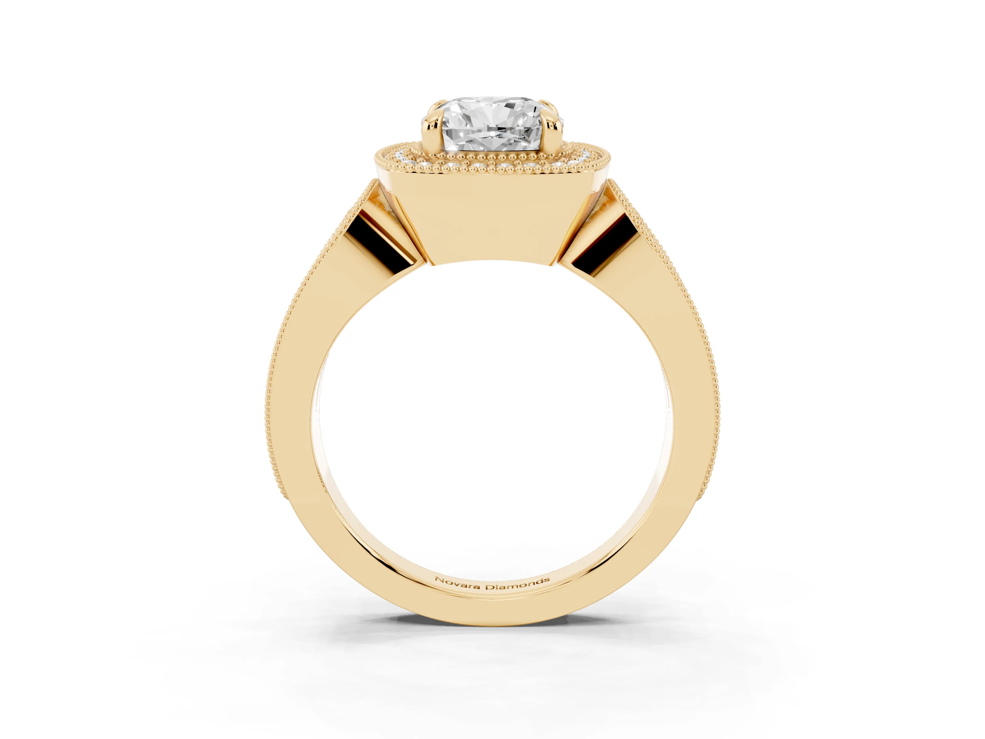 Cushion Cut Diamond Halo Ring Set in Yellow gold with Milgrain Accent Split Shank