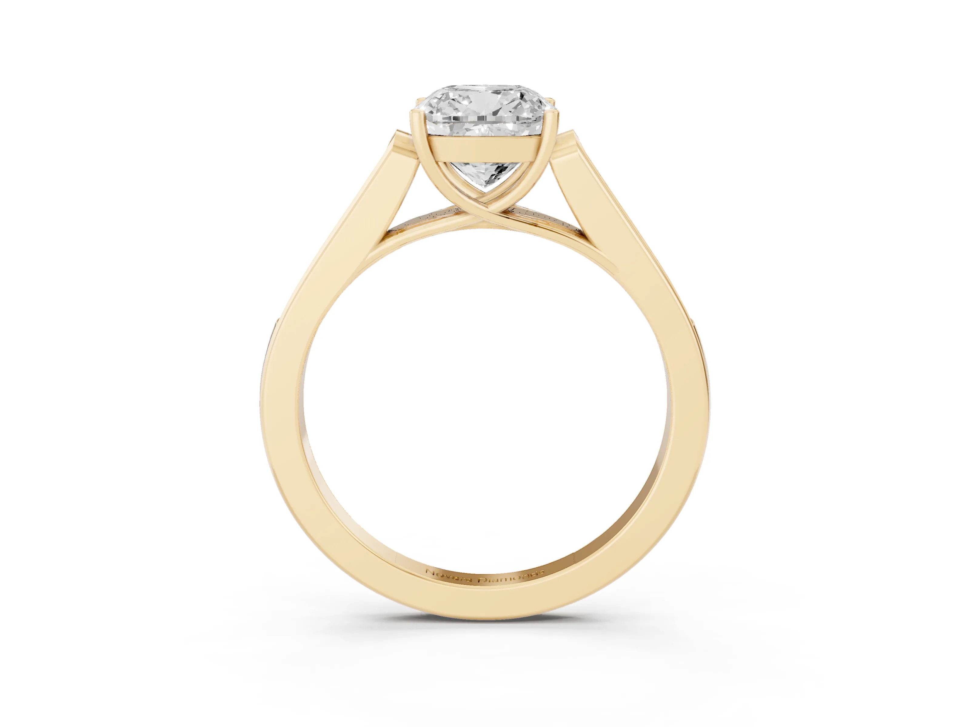 Cushion Cut Diamond Solitaire Cathedral Engagement Ring Set in Yellow gold with Channel-Set Band and Prong Setting