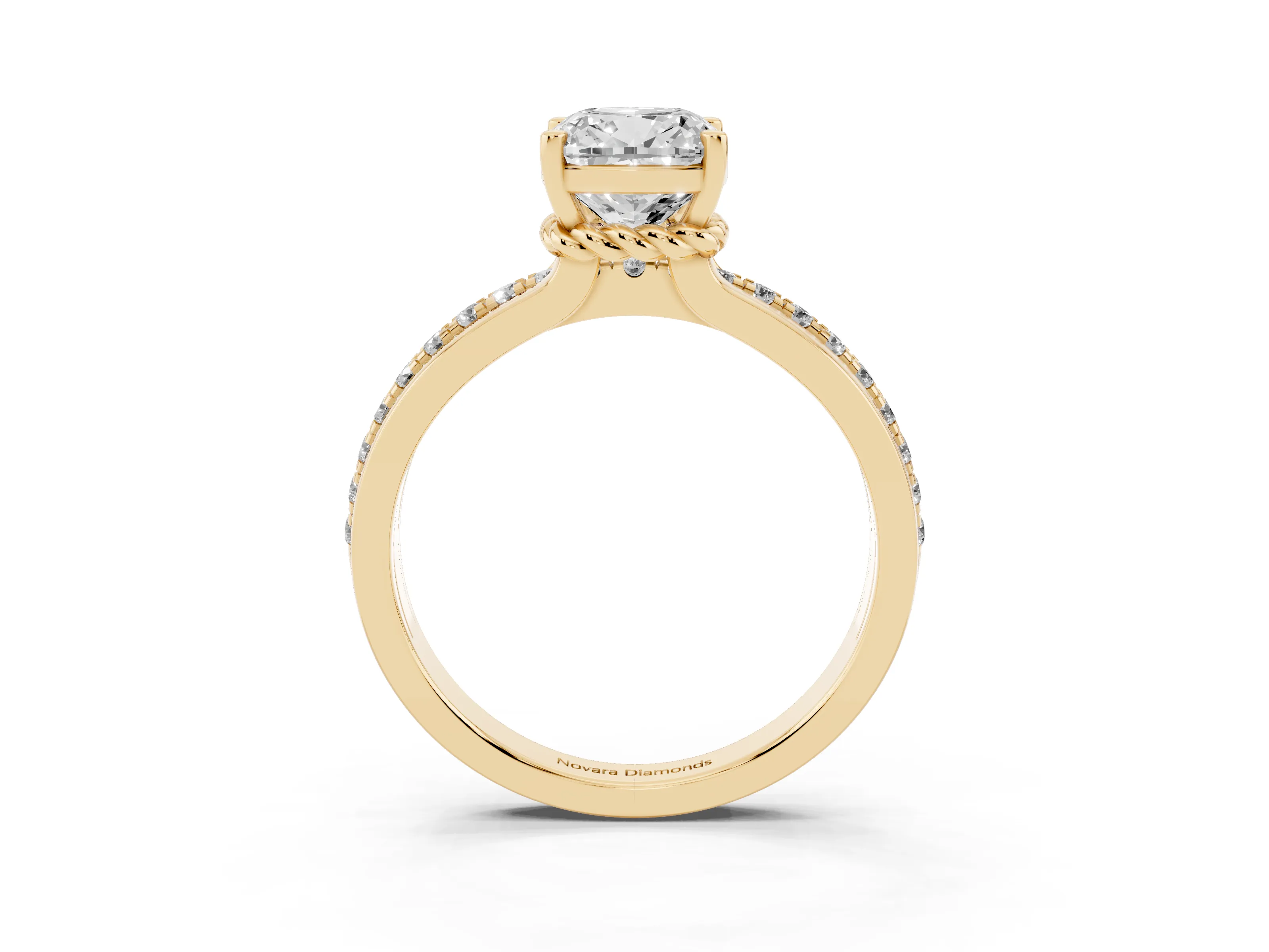 Cushion Cut Diamond Solitaire Ring Set in Yellow gold with Channel Set Band and Prong Setting