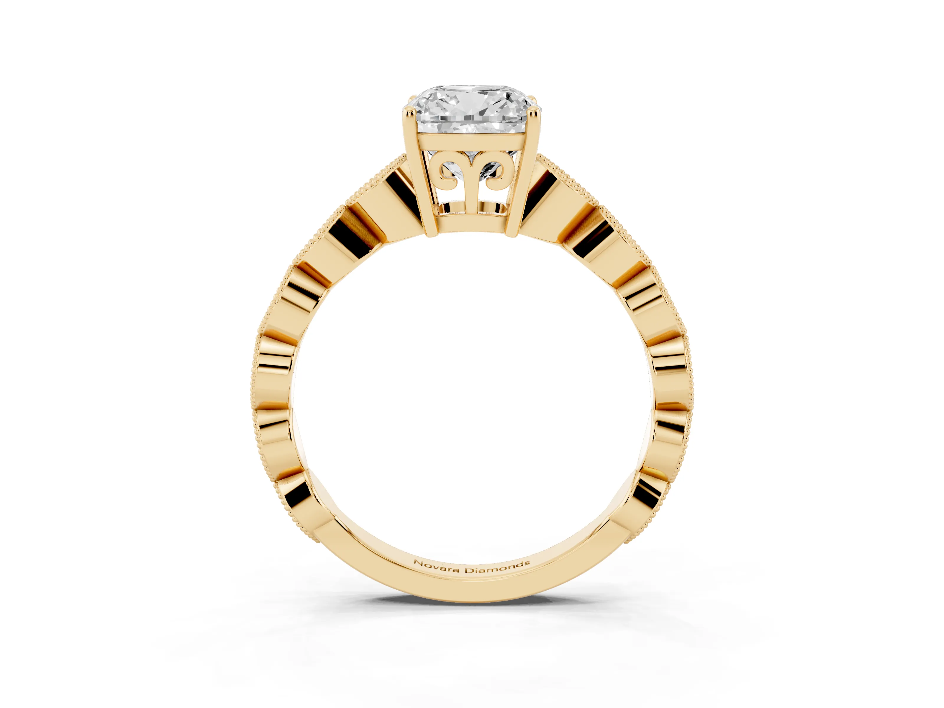 Cushion Cut Diamond Solitaire Ring Set in Yellow gold with Infinity Twist Pavé Band