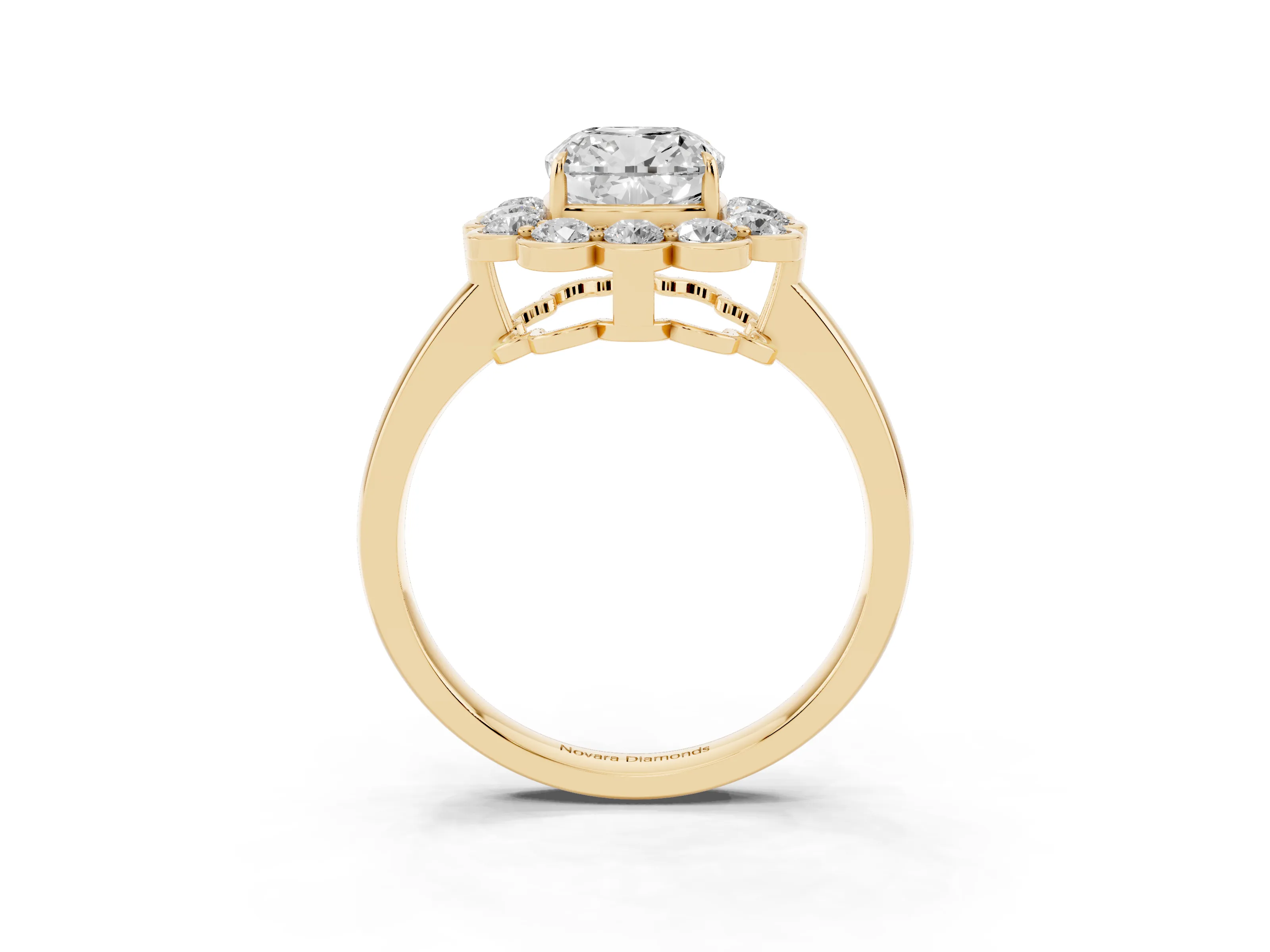 Cushion Cut Diamond Halo Cluster Engagement Ring Set in Yellow gold with Solitaire Band and Prong Setting