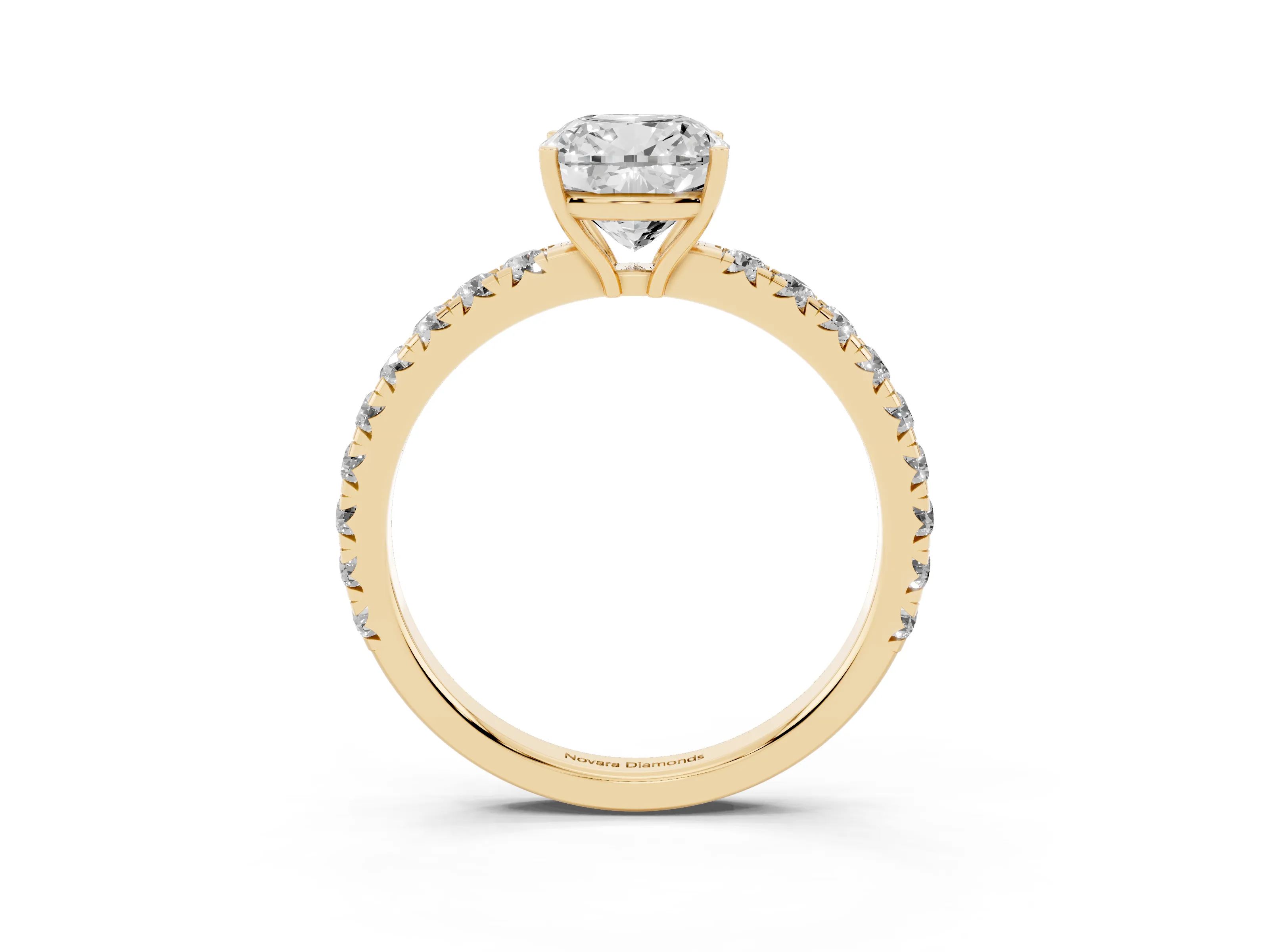 Cushion Cut Diamond Pavé Solitaire Engagement Ring Set in Yellow gold with Prong Setting
