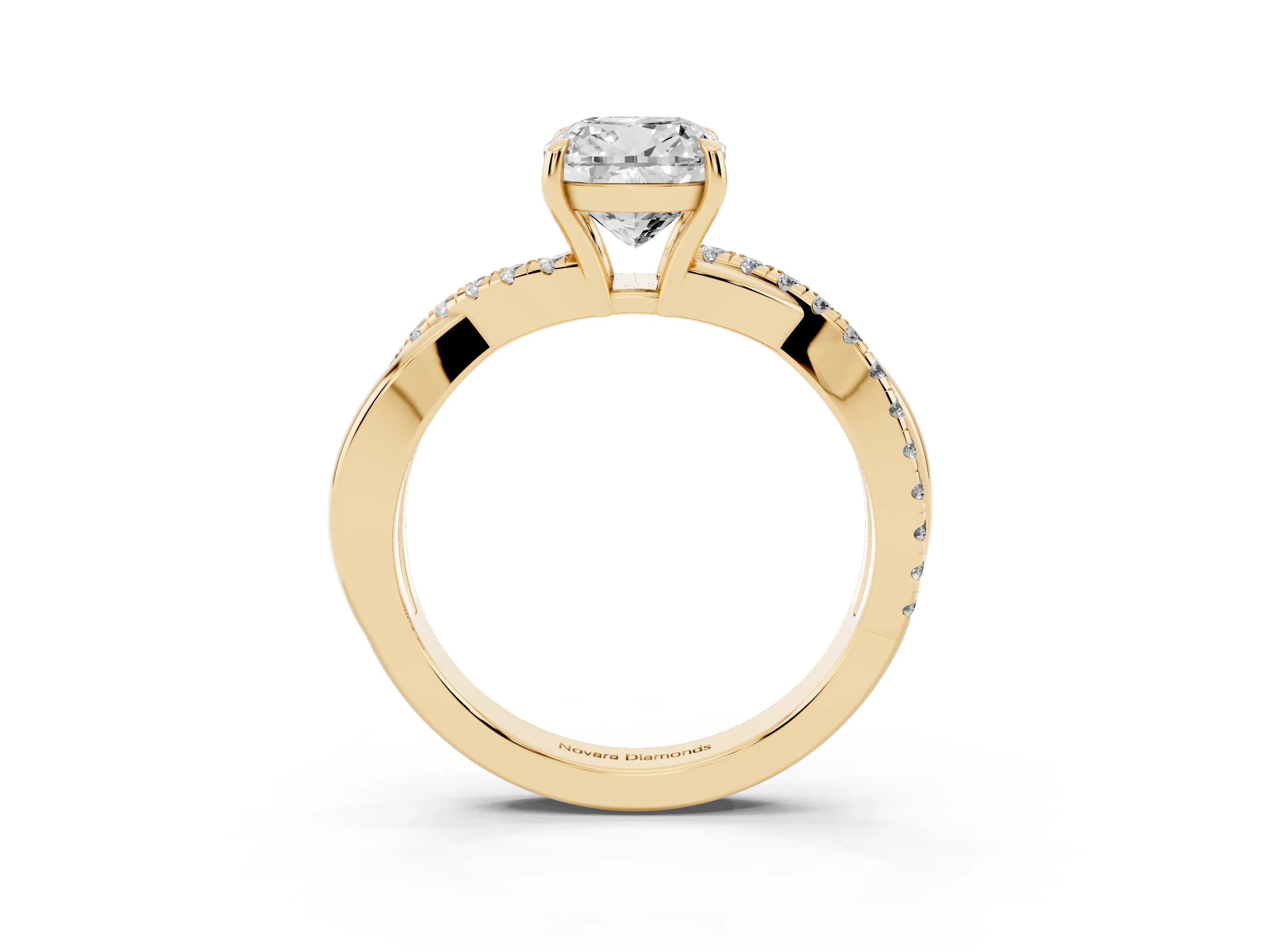 Cushion Cut Diamond Twisted Pavé Band Ring Set in Yellow gold with Prong Setting