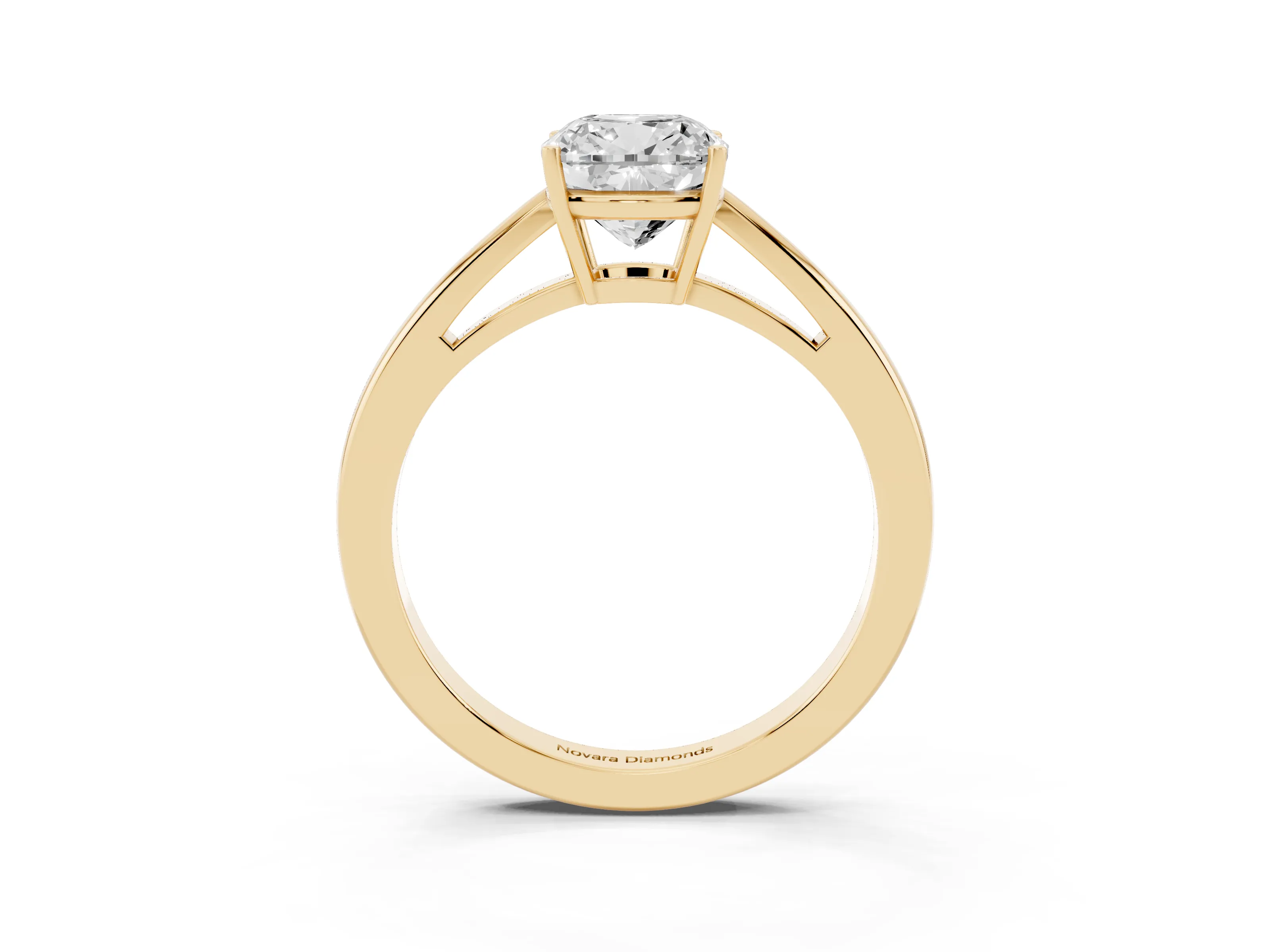 Cushion Cut Diamond Solitaire Ring Set in Yellow gold with Split Shank and Prong Setting