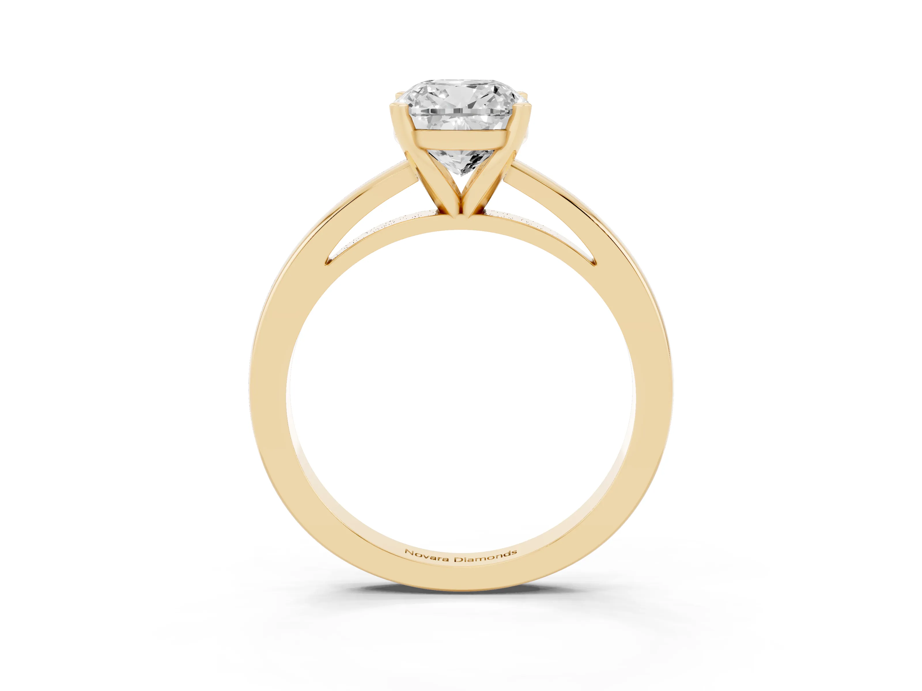 Cushion Cut Diamond Solitaire Engagement Ring Set in Yellow gold with Prong Setting on a Classic Band