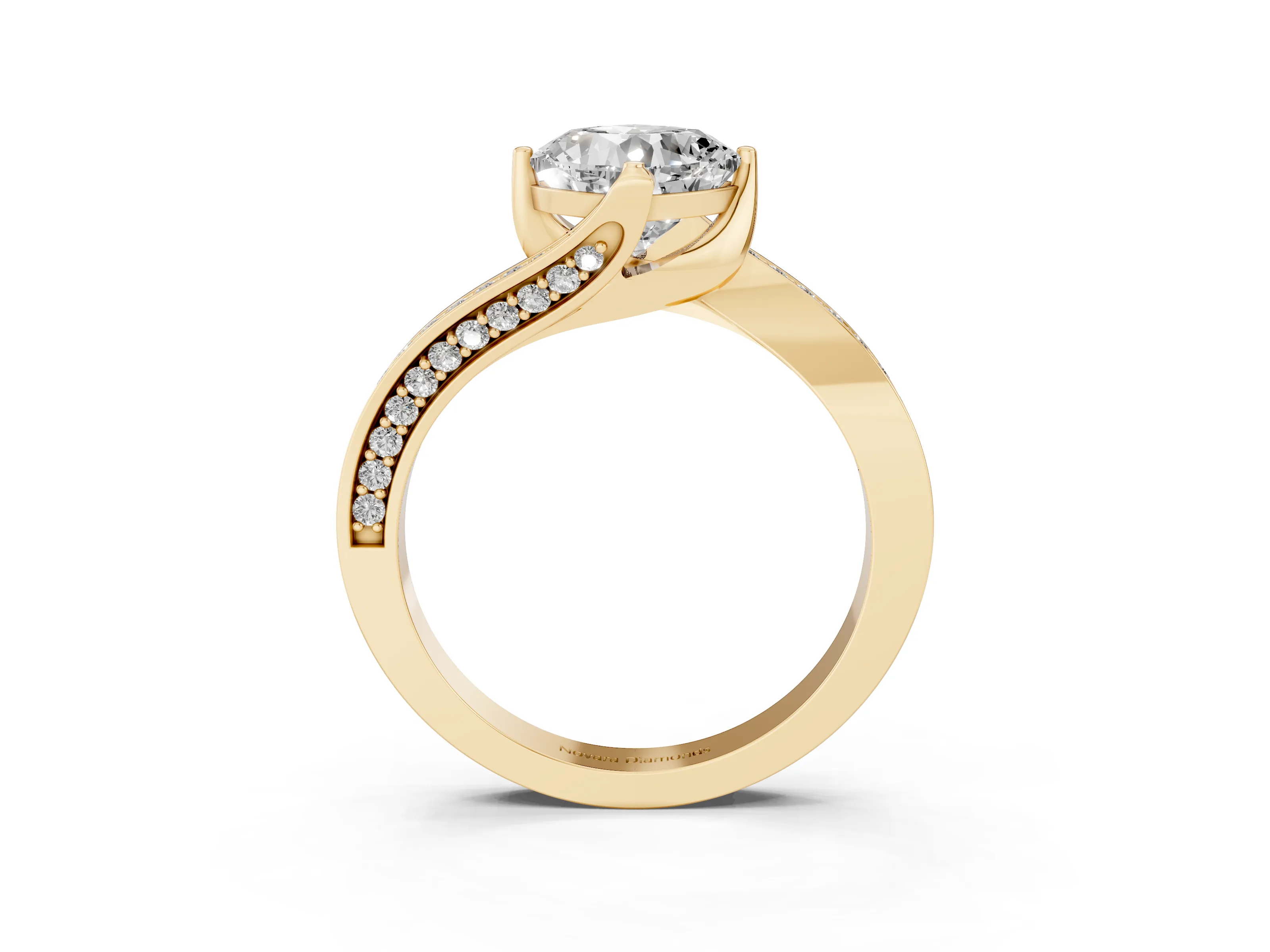 Cushion Cut Diamond Solitaire Ring Set in Yellow gold with Intertwined Pavé Twist Band