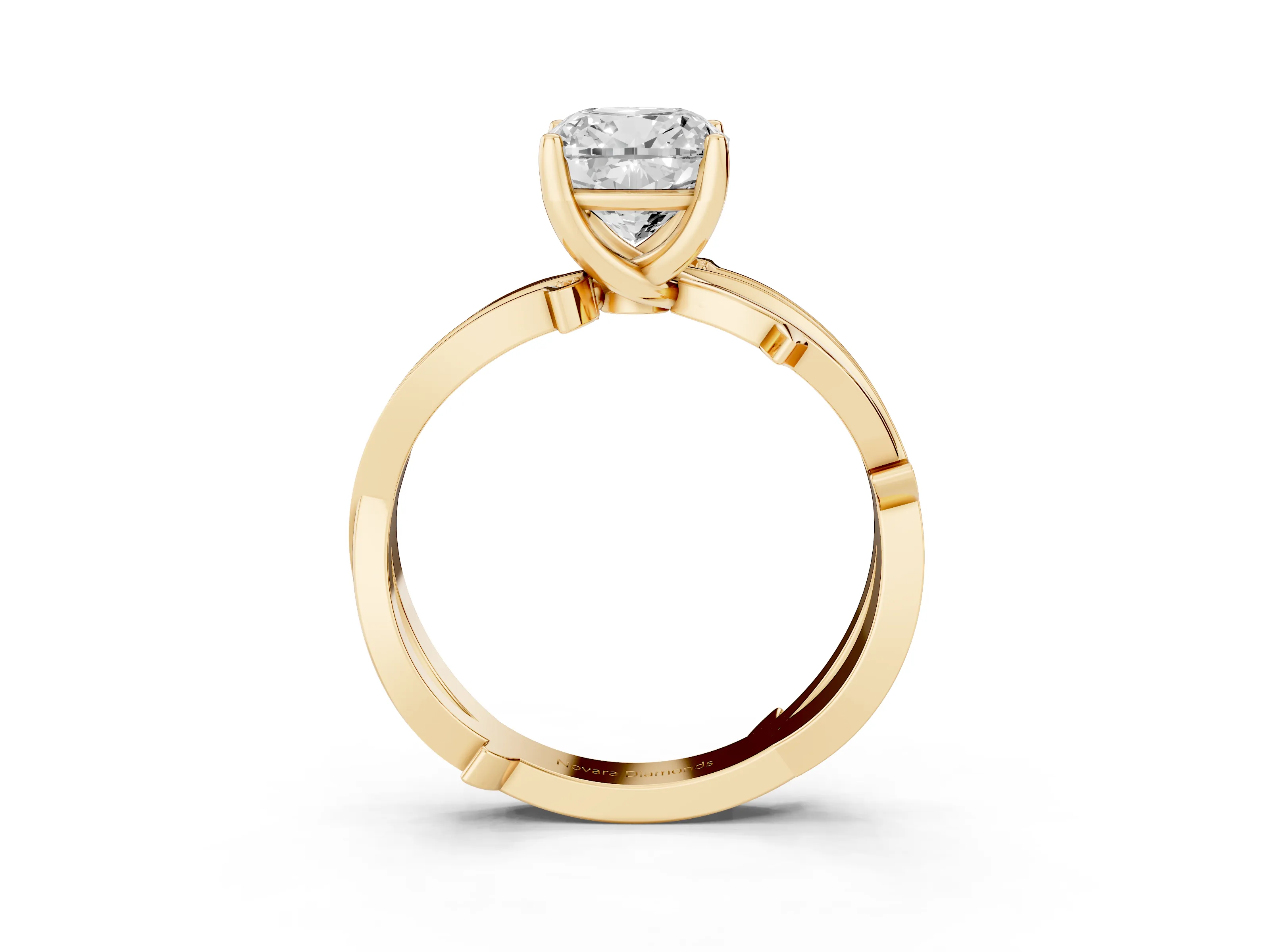 Cushion Cut Diamond Pavé Twist Band Solitaire Ring Set in Yellow gold with Prong Setting
