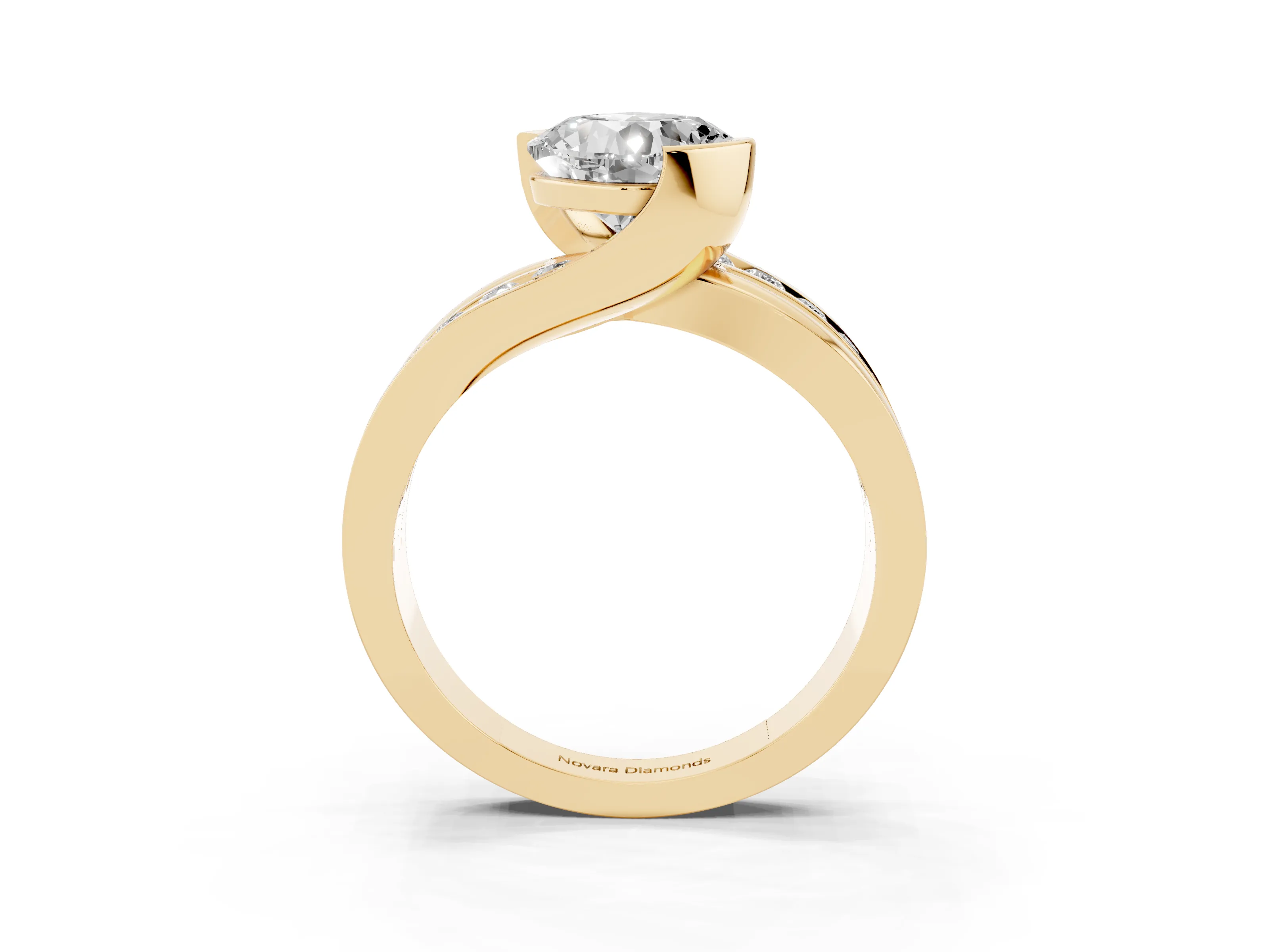 Cushion Cut Diamond Solitaire Ring Set in Yellow gold with Channel Set Split Shank and Tension Prongs