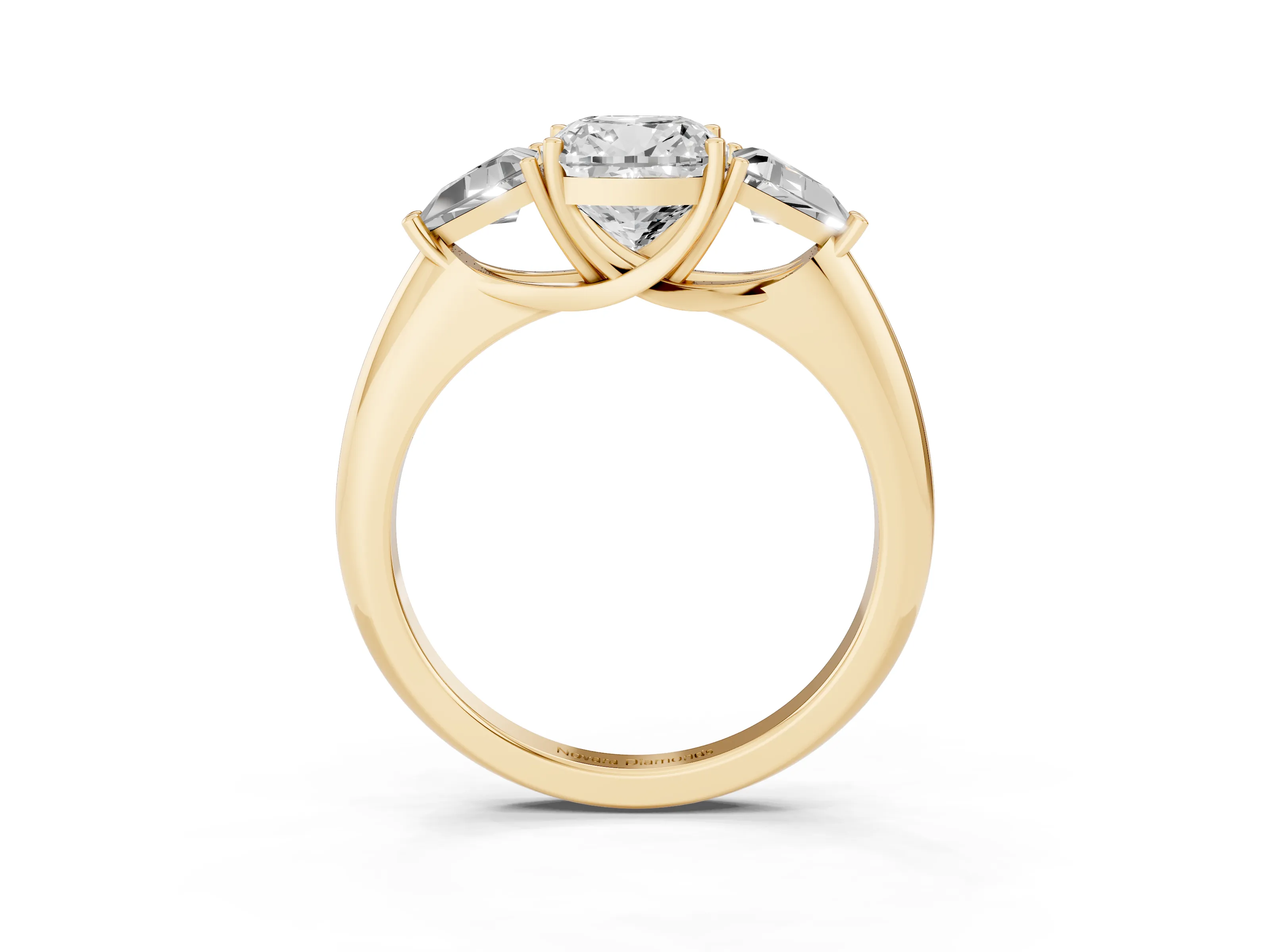 Cushion Cut Diamond Three-Stone Engagement Ring Set in Yellow gold with Trillion Side Stones