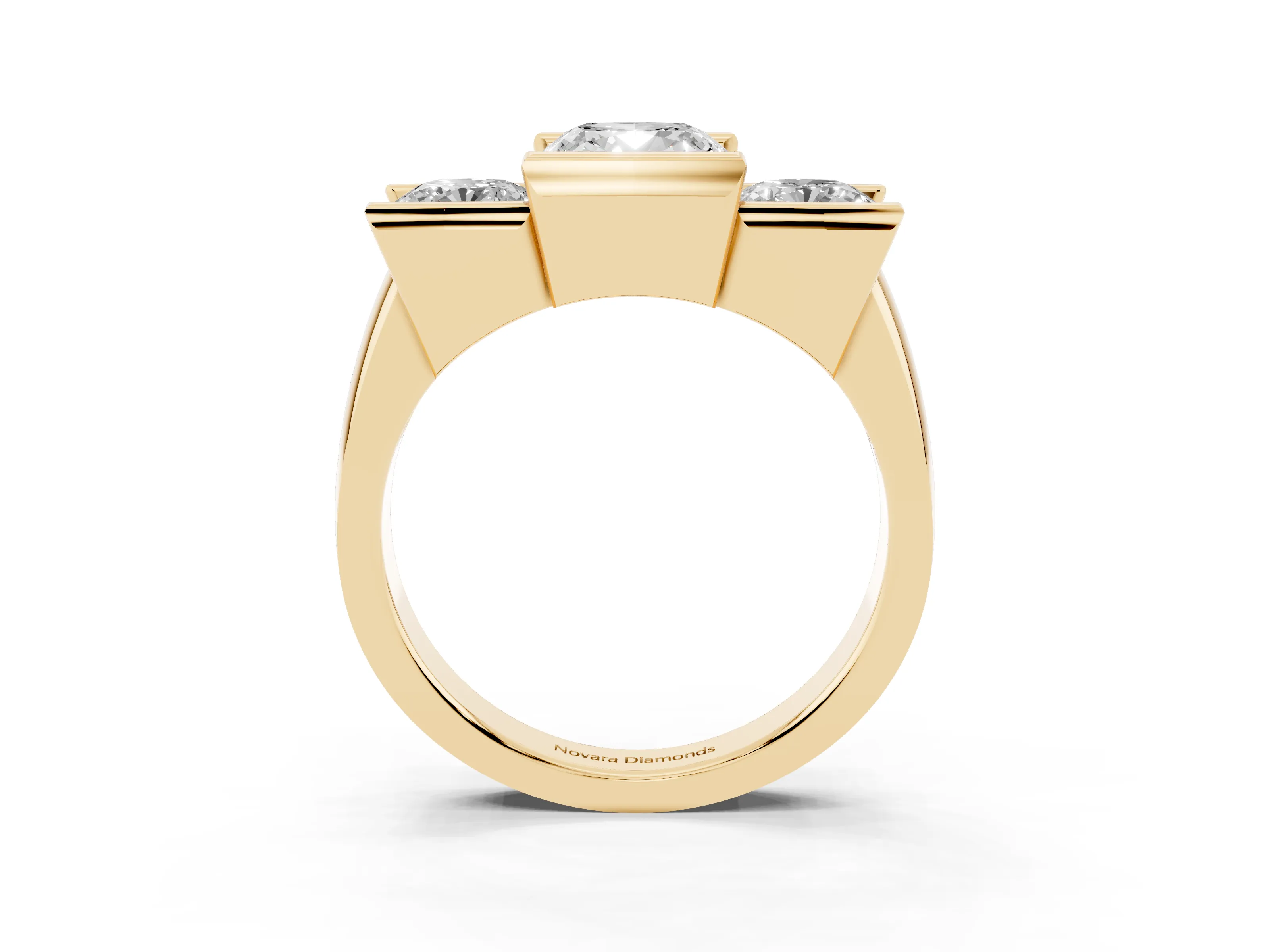 Cushion Cut Diamond Three-Stone Channel Set Ring Set in Yellow gold with Smooth Polished Band