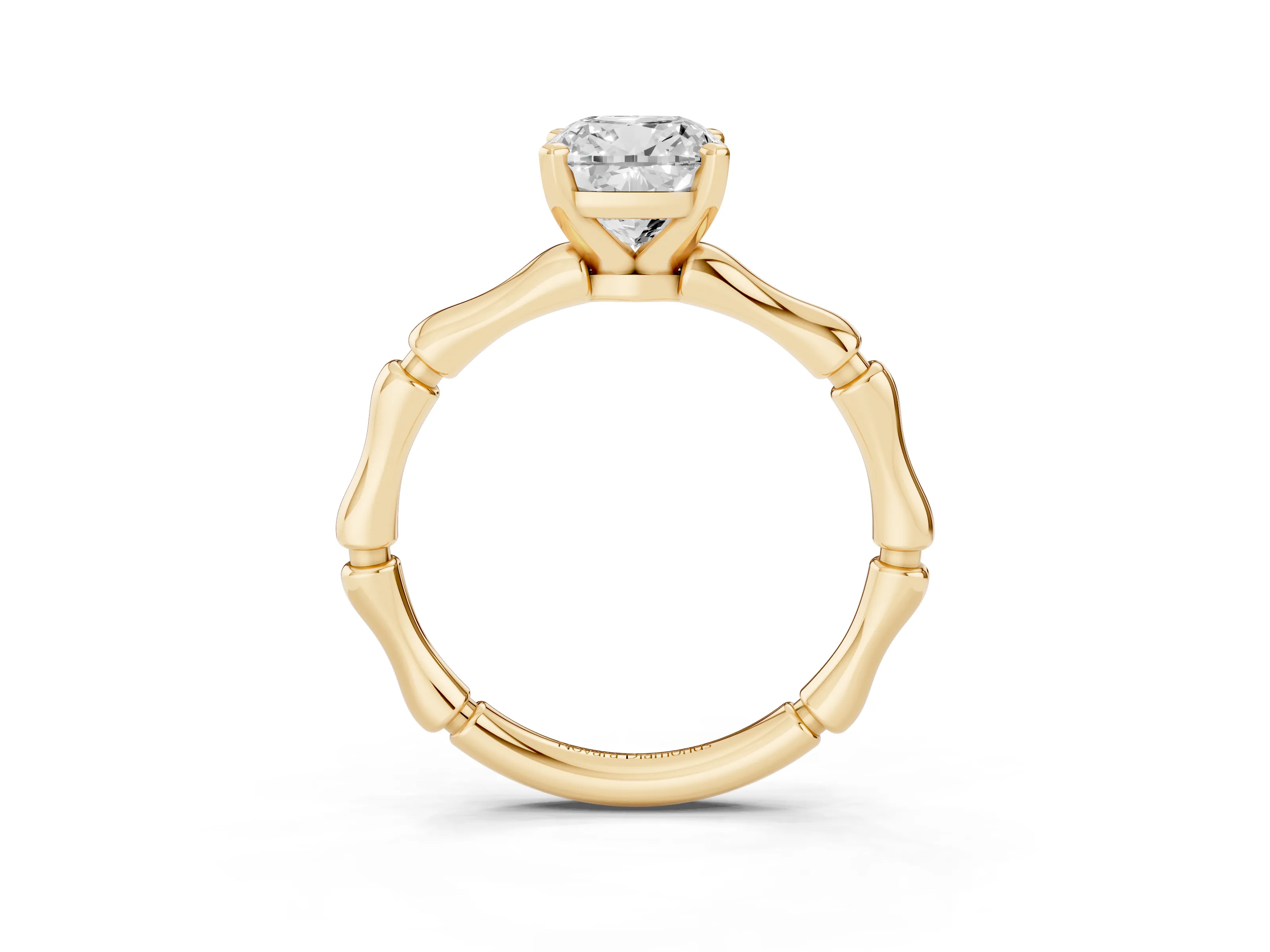 Cushion Cut Diamond Solitaire Ring Set in Yellow gold with Bamboo Band and Prong Setting