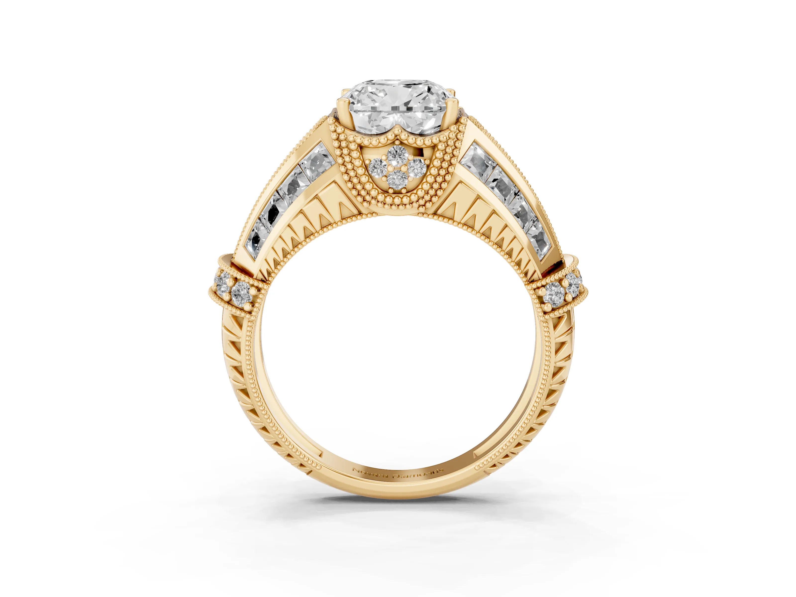 Cushion Cut Diamond Vintage-Inspired Milgrain Ring Set in Yellow gold with Accent Split Shank