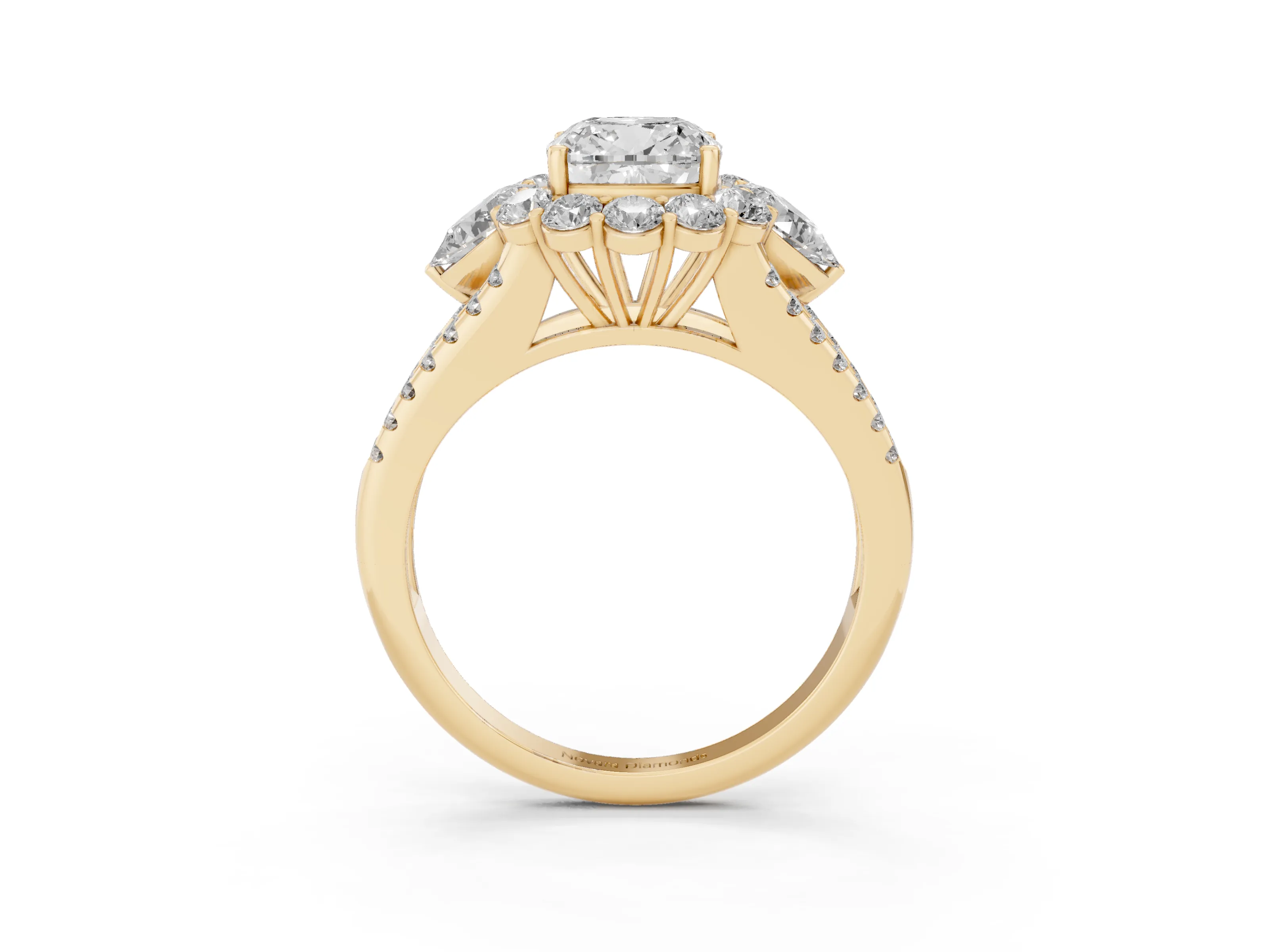 Cushion Cut Diamond Halo Split Shank Engagement Ring Set in Yellow gold with Prong-Held Center Stone