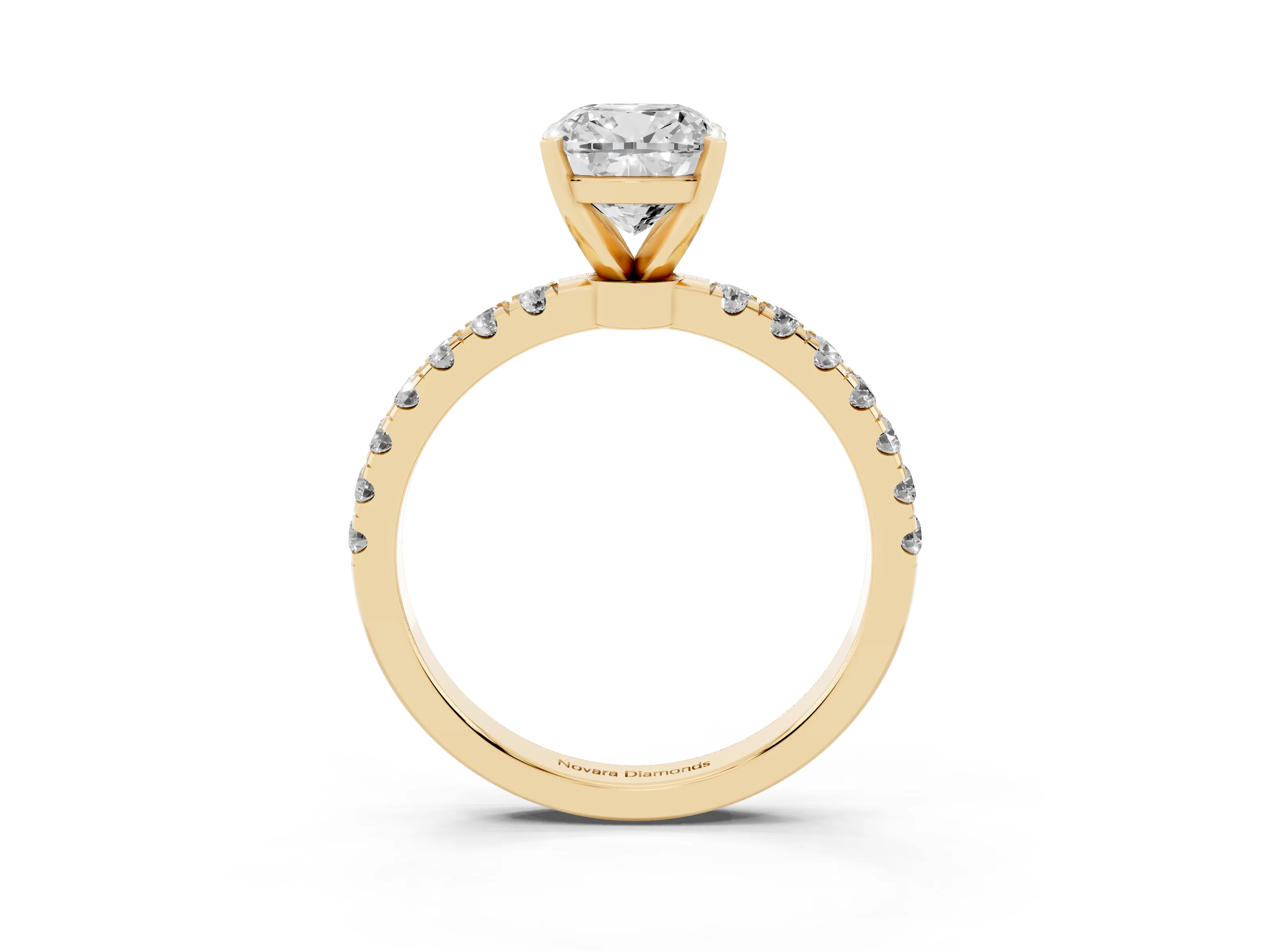 Cushion Cut Diamond Solitaire Ring Set in Yellow gold with Pavé Accents and Prong Setting