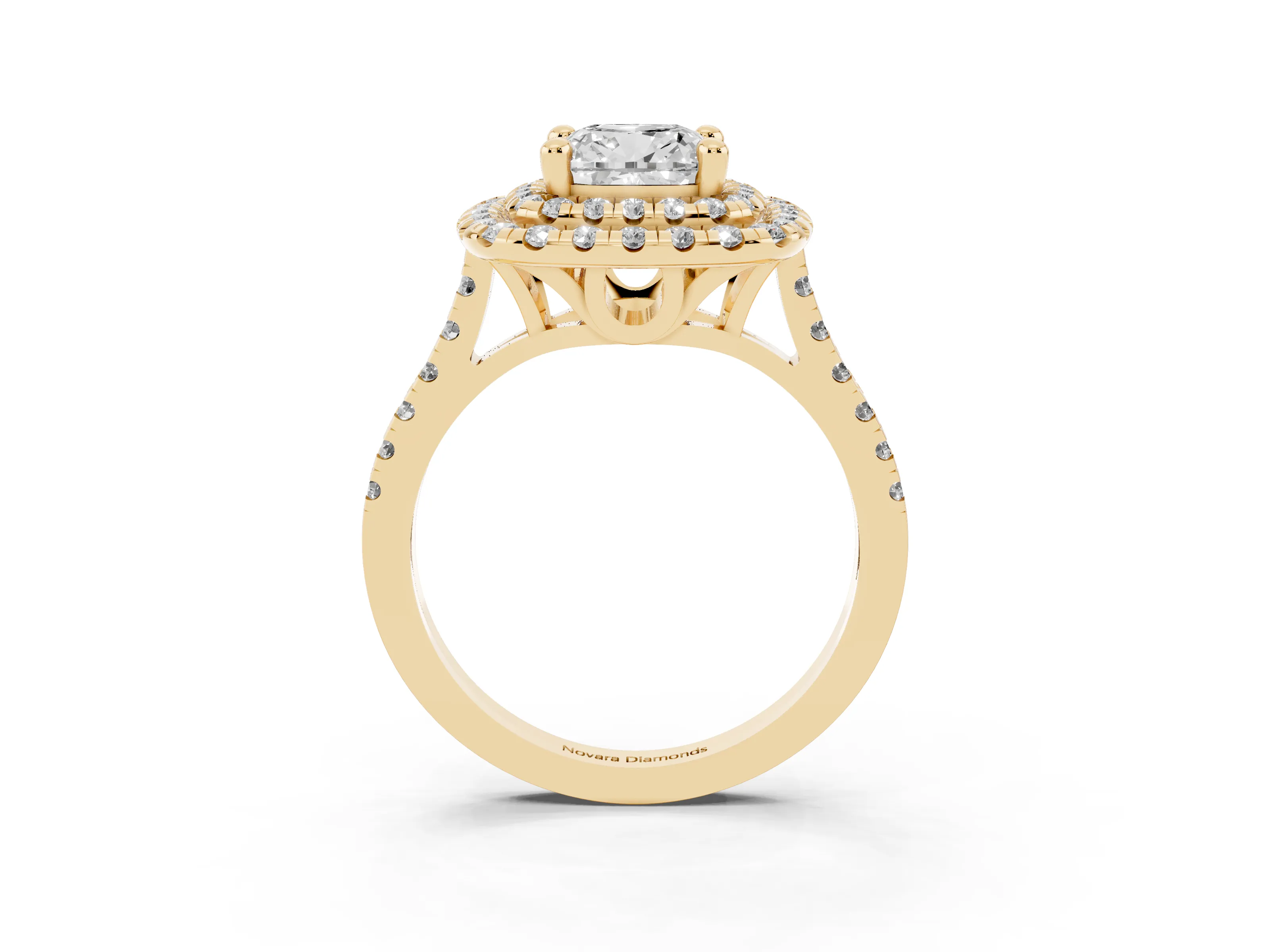 Cushion Cut Diamond Double Halo Statement Ring Set in Yellow gold with Pavé Band