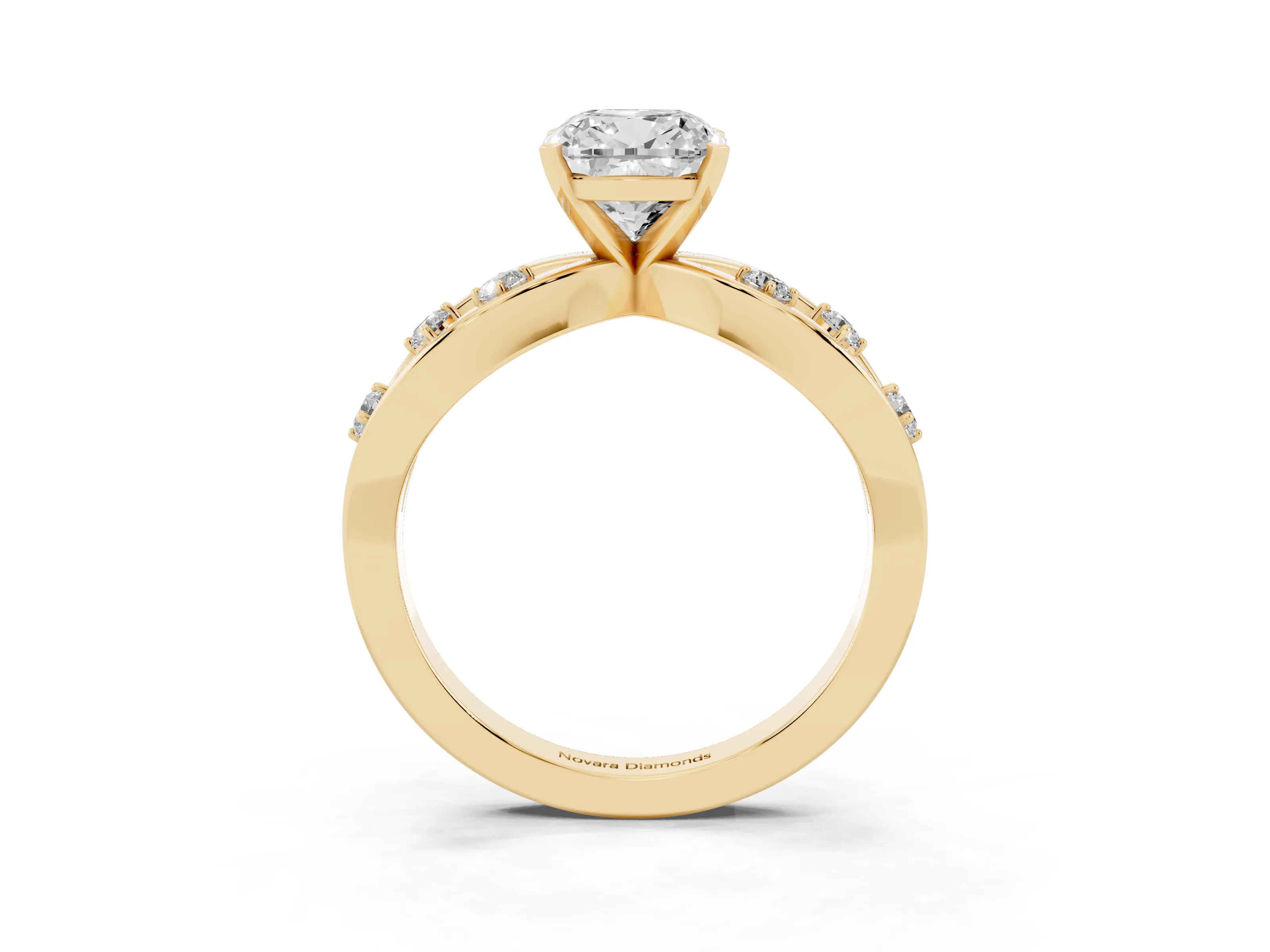 Cushion Cut Diamond Solitaire Ring Set in Yellow gold with Side Stones on Criss-Cross Band and Prong Setting