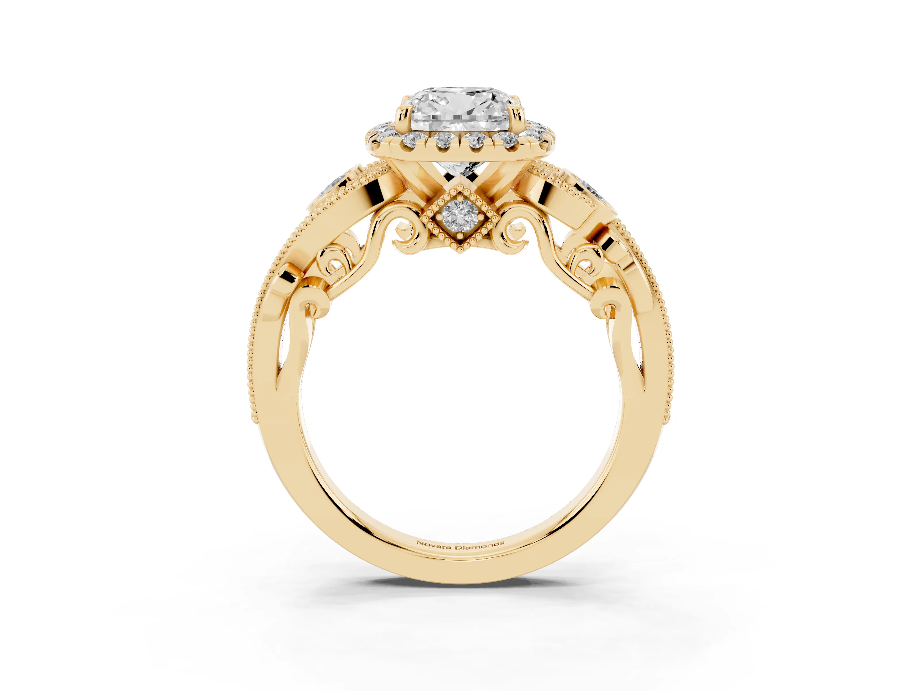 Cushion Cut Diamond Halo Ring Set in Yellow gold with Milgrain Pavé Band and Prong Setting
