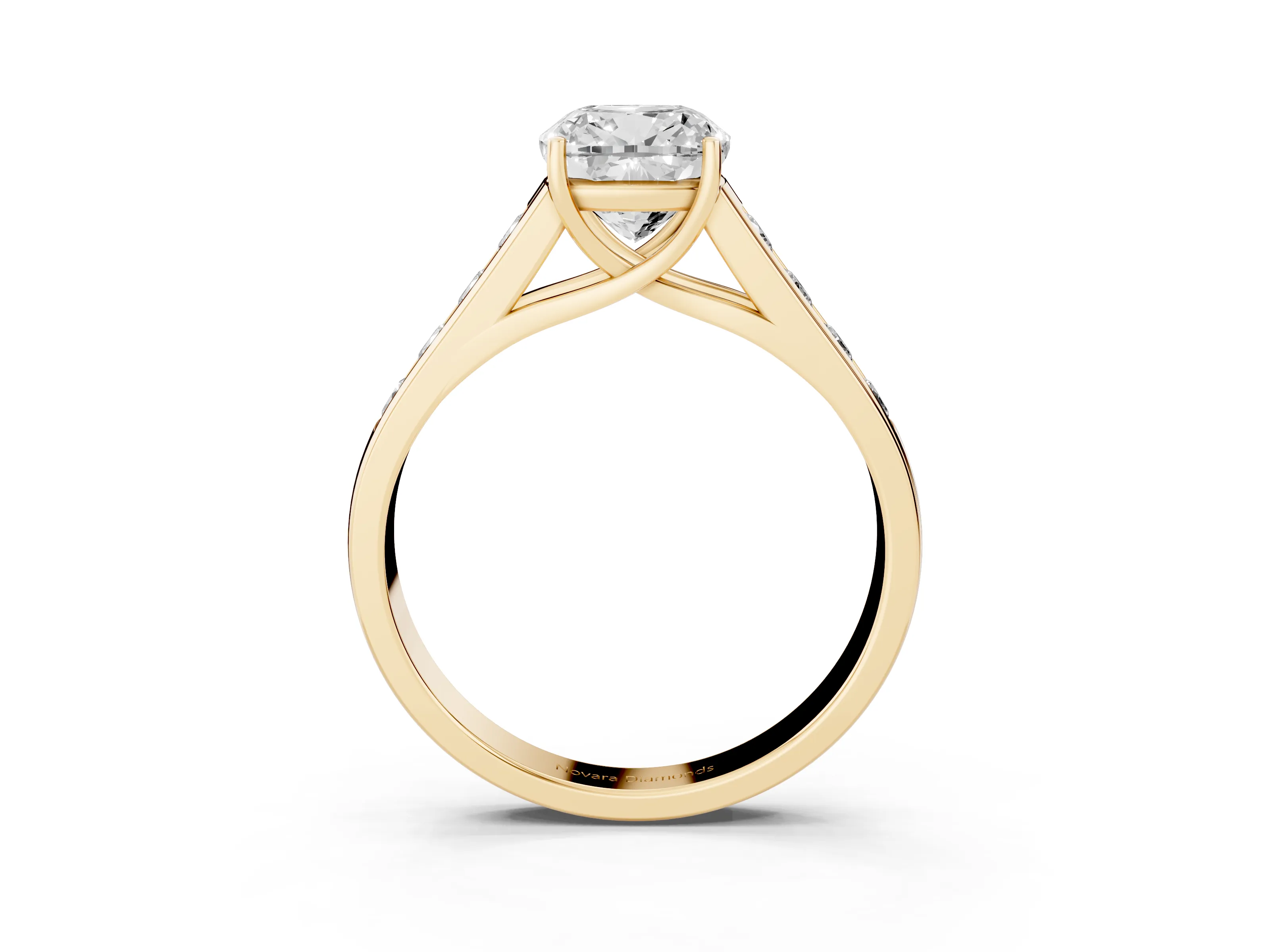 Cushion Cut Diamond Brilliant Channel-Set Solitaire Ring Set in Yellow gold with Prong Setting