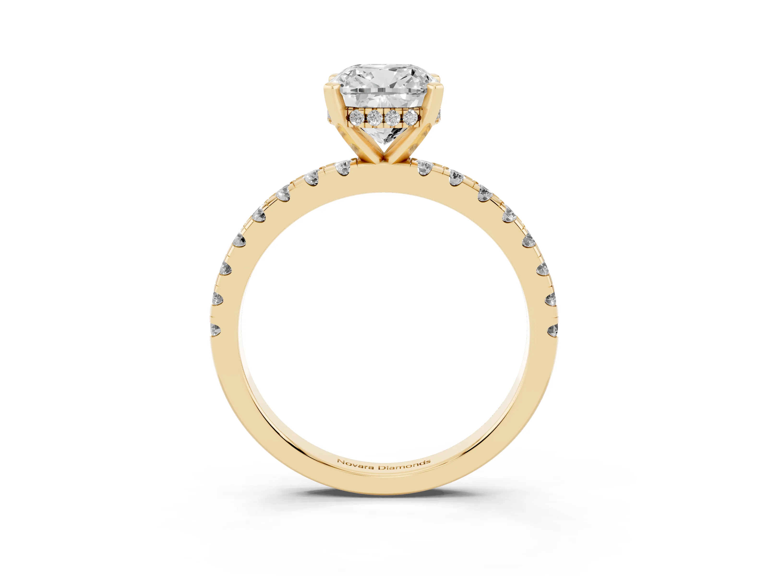 Cushion Cut Diamond Pavé Solitaire Ring Set in Yellow gold with Round Band Accents and Prong Setting