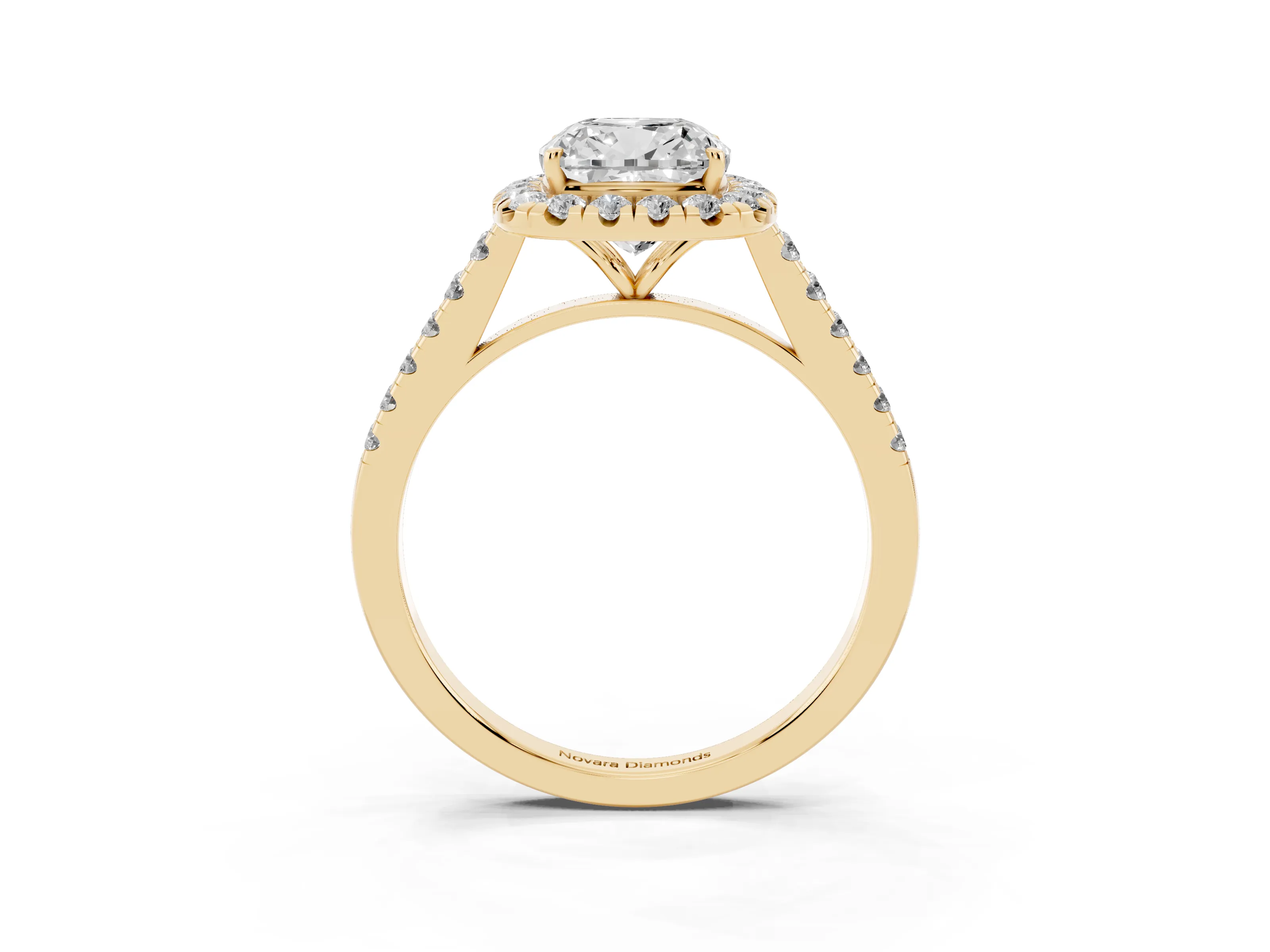 Cushion Cut Diamond Halo Pavé Engagement Ring Set in Yellow gold with Prong Setting