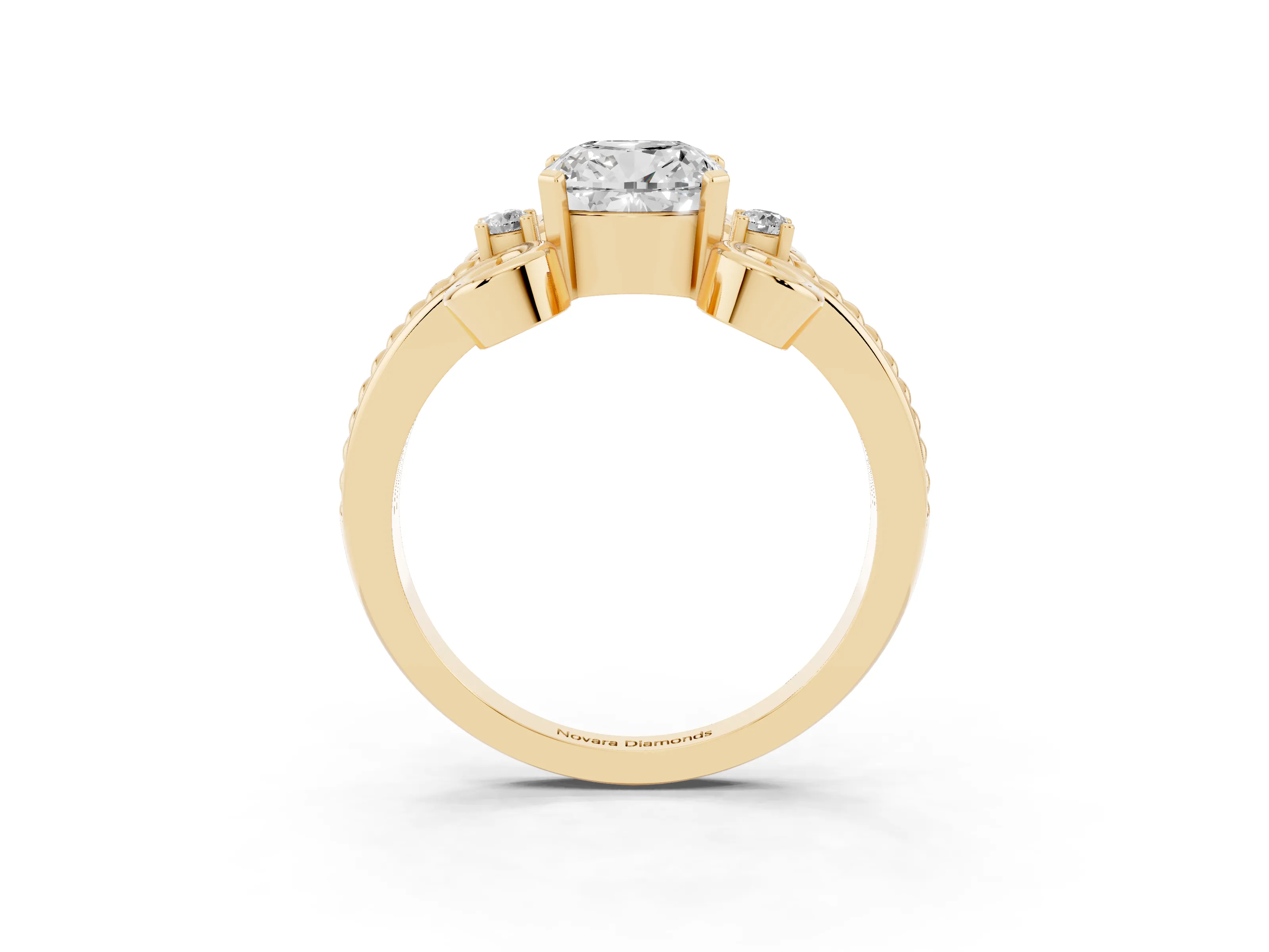 Cushion Cut Diamond Twisted Band Solitaire Ring Set in Yellow gold with Scroll Prongs