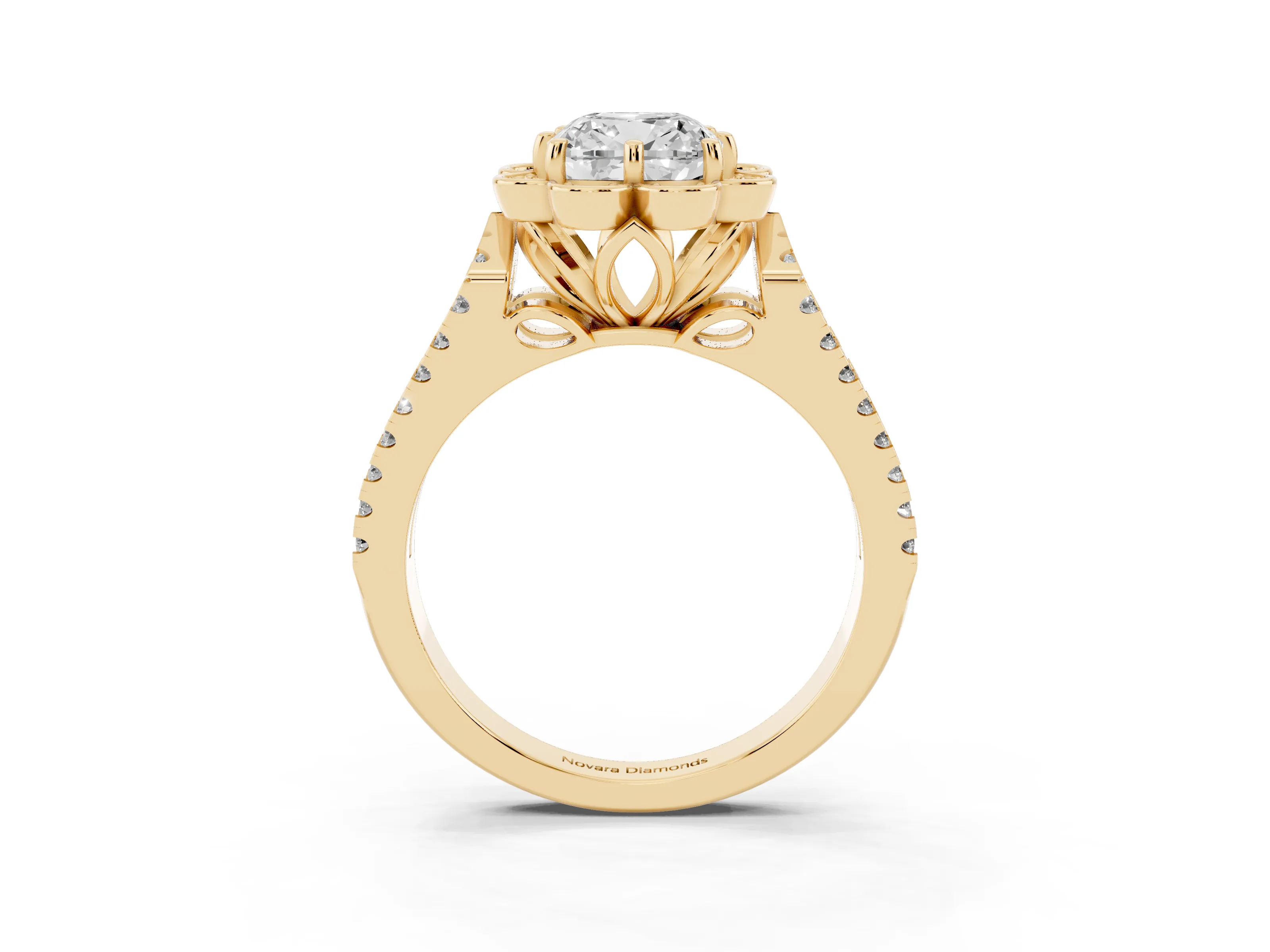 Cushion Cut Diamond Floral Halo Split Shank Engagement Ring Set in Yellow gold with Pavé Shank