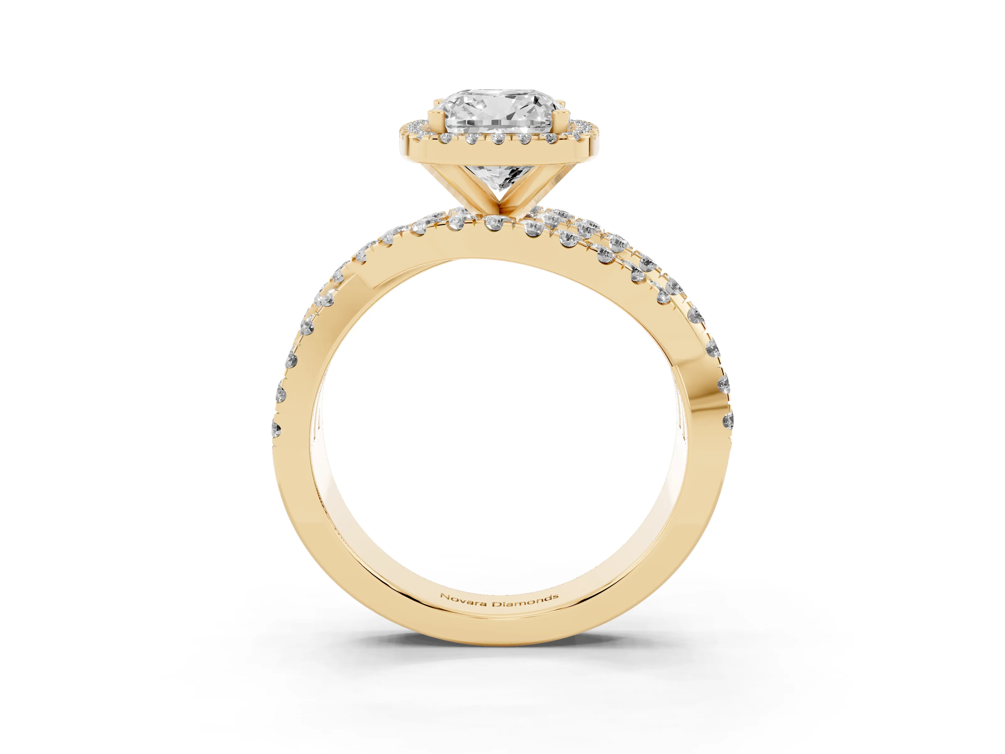 Cushion Cut Diamond Halo Ring Set in Yellow gold with Round Crossover Split Shank and Prong Setting