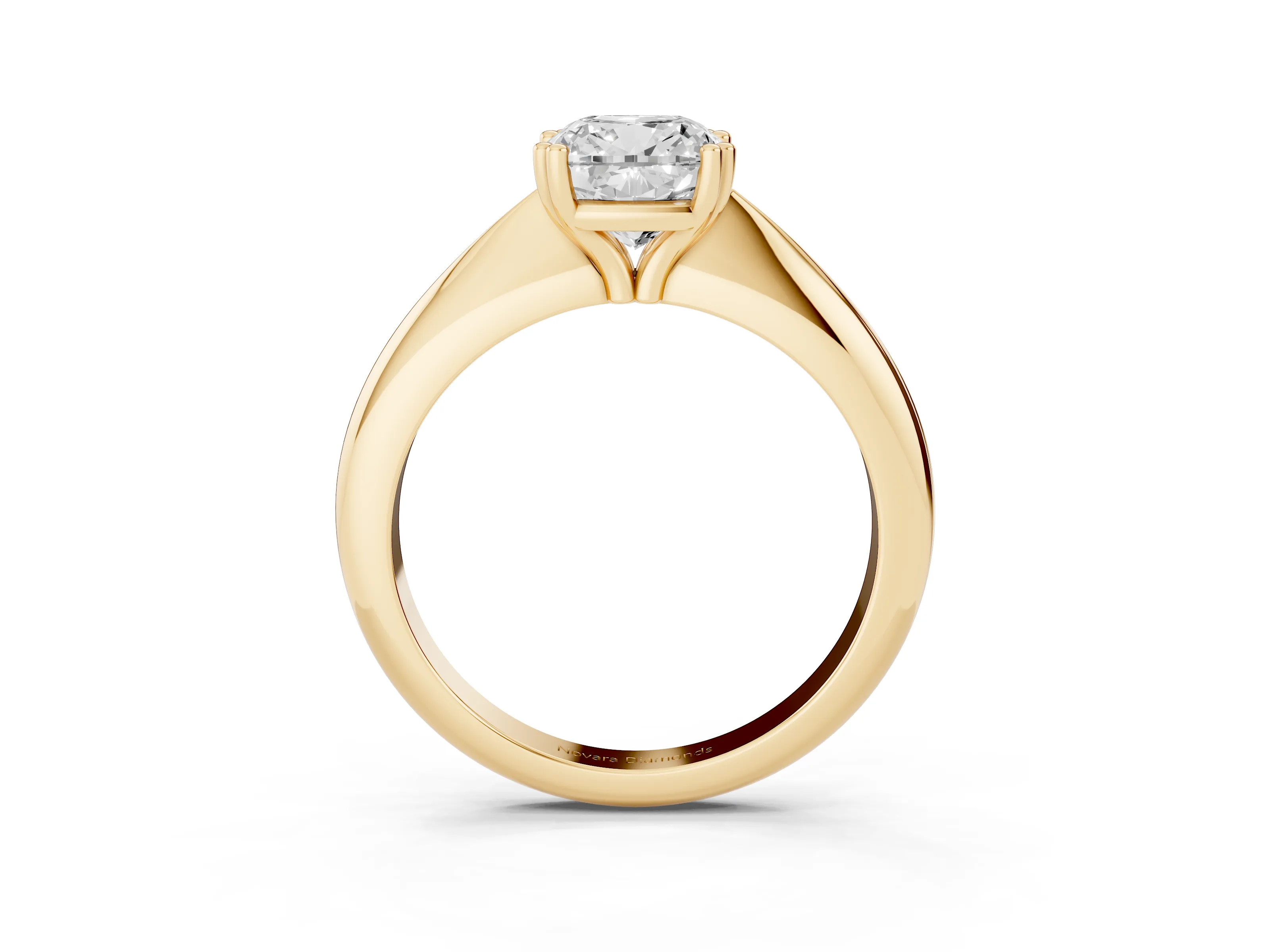 Cushion Cut Diamond Solitaire Engagement Ring Set in Yellow gold with Tapered Band and Prong Setting