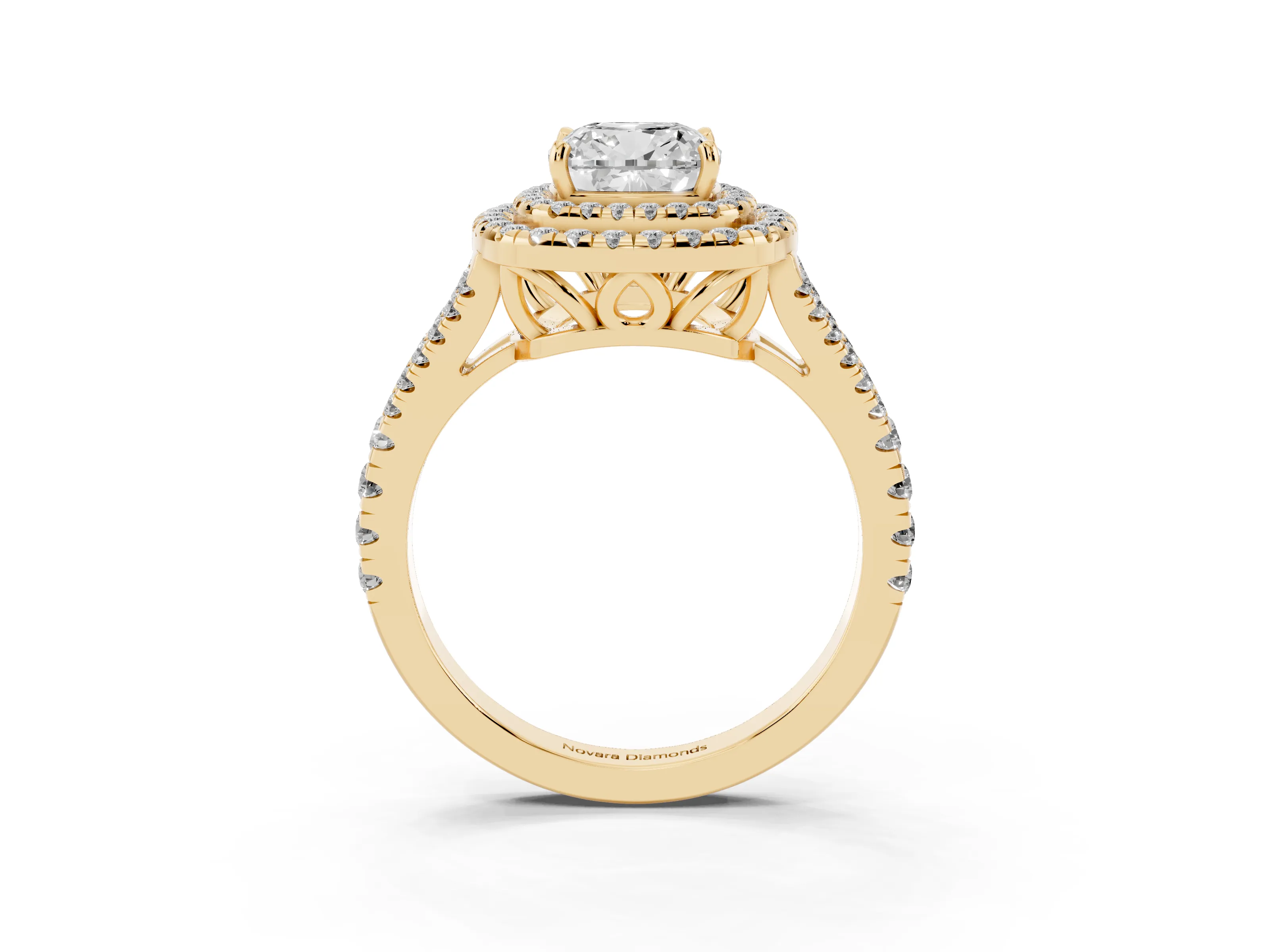 Cushion Cut Diamond Double Halo Ring Set in Yellow gold with Pavé Band