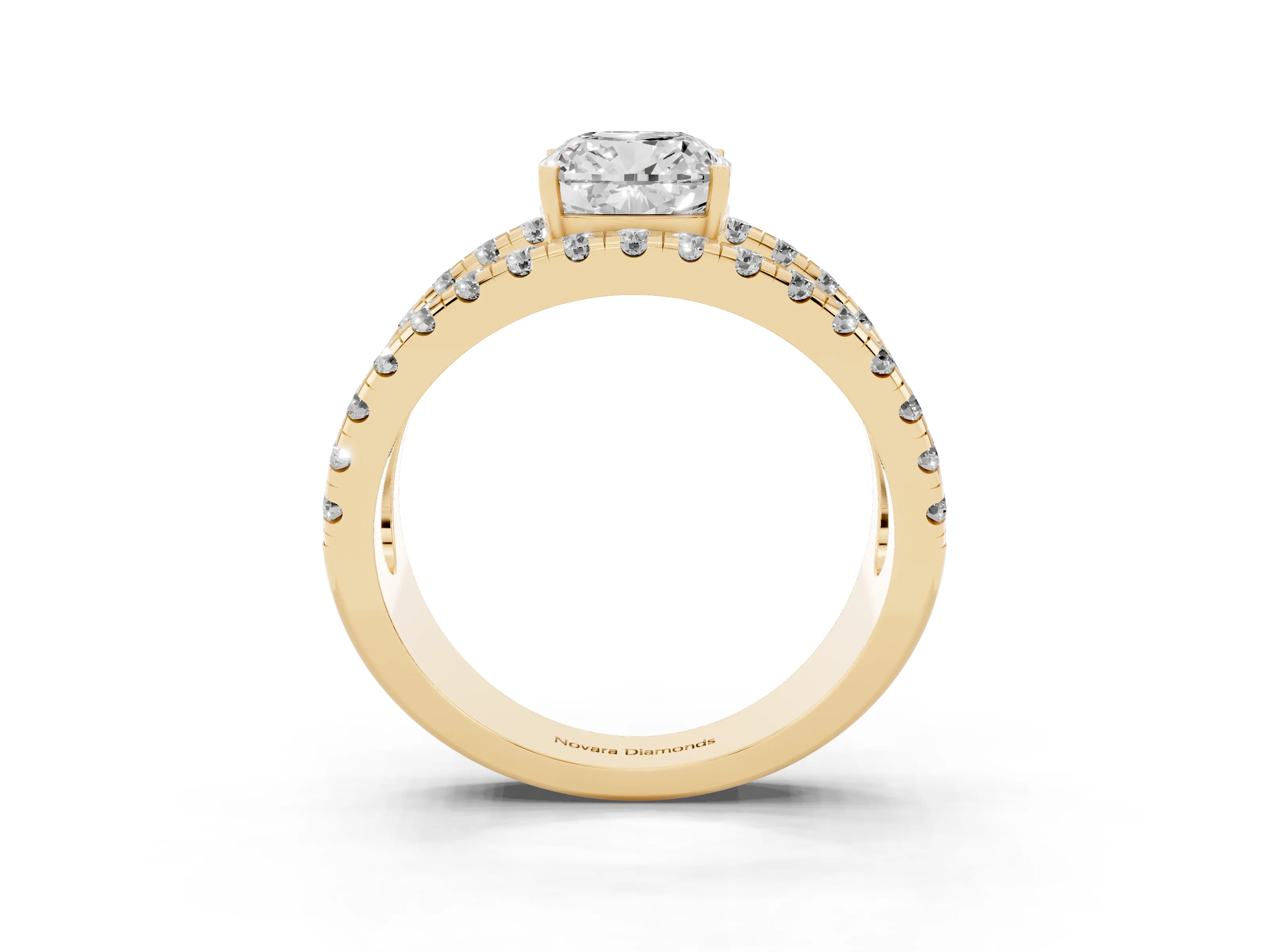 Cushion Cut Diamond Split Shank Pavé Solitaire Ring Set in Yellow gold with Open Shank Design